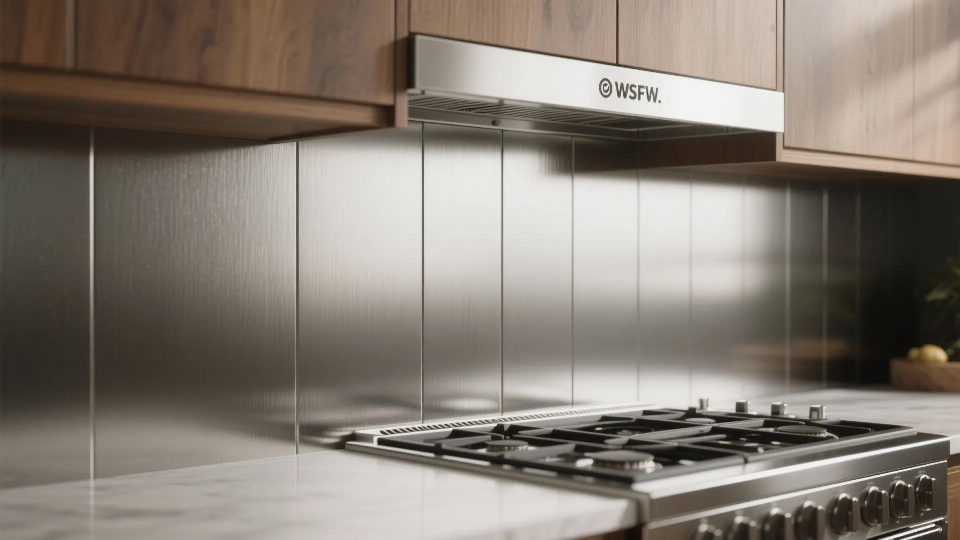 Modern kitchen featuring vertical stainless steel wall panels wooden cabinets gas stove and white countertop