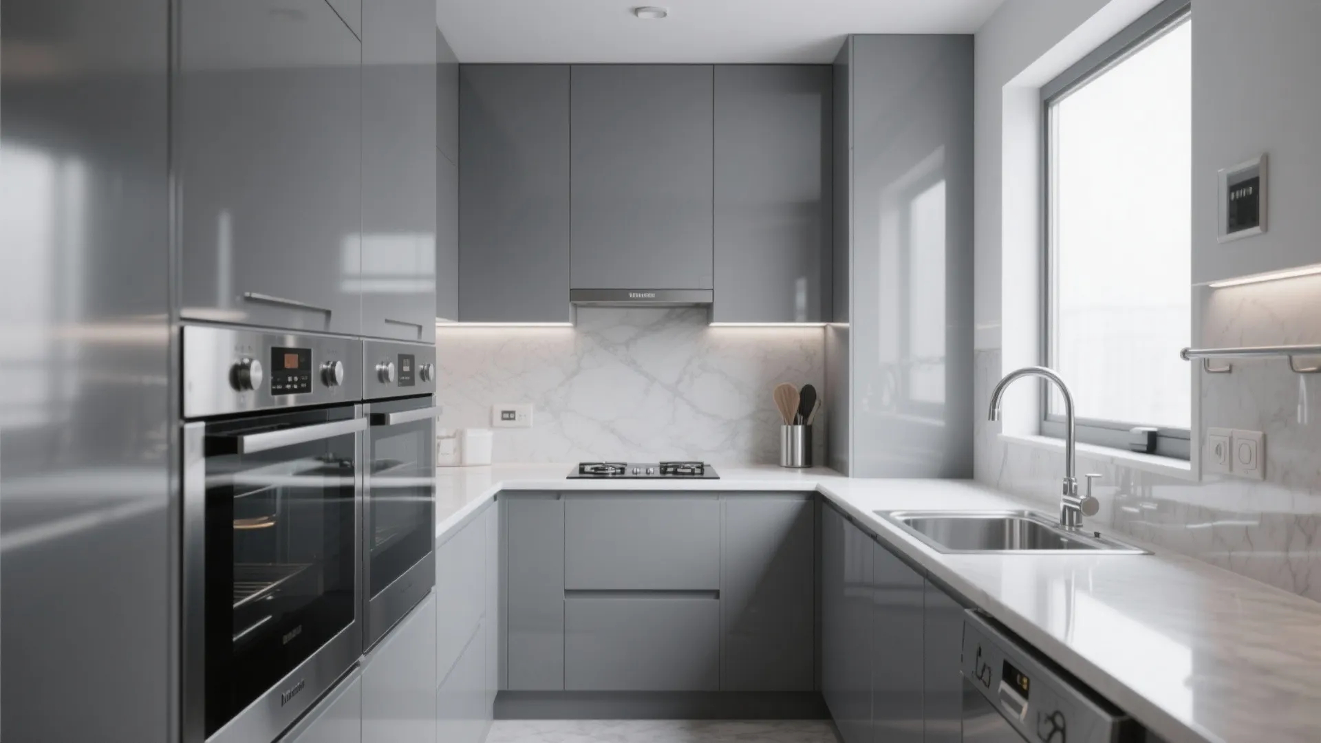 Modern grey kitchen with glossy cabinets marble wall white countertop double oven and silver water tap