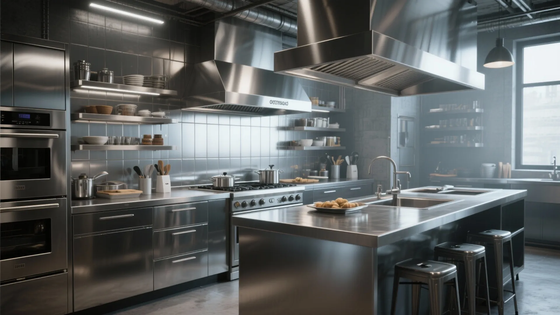 Modern industrial kitchen with stainless steel backsplash professional stove metal cabinets island and black bar stools