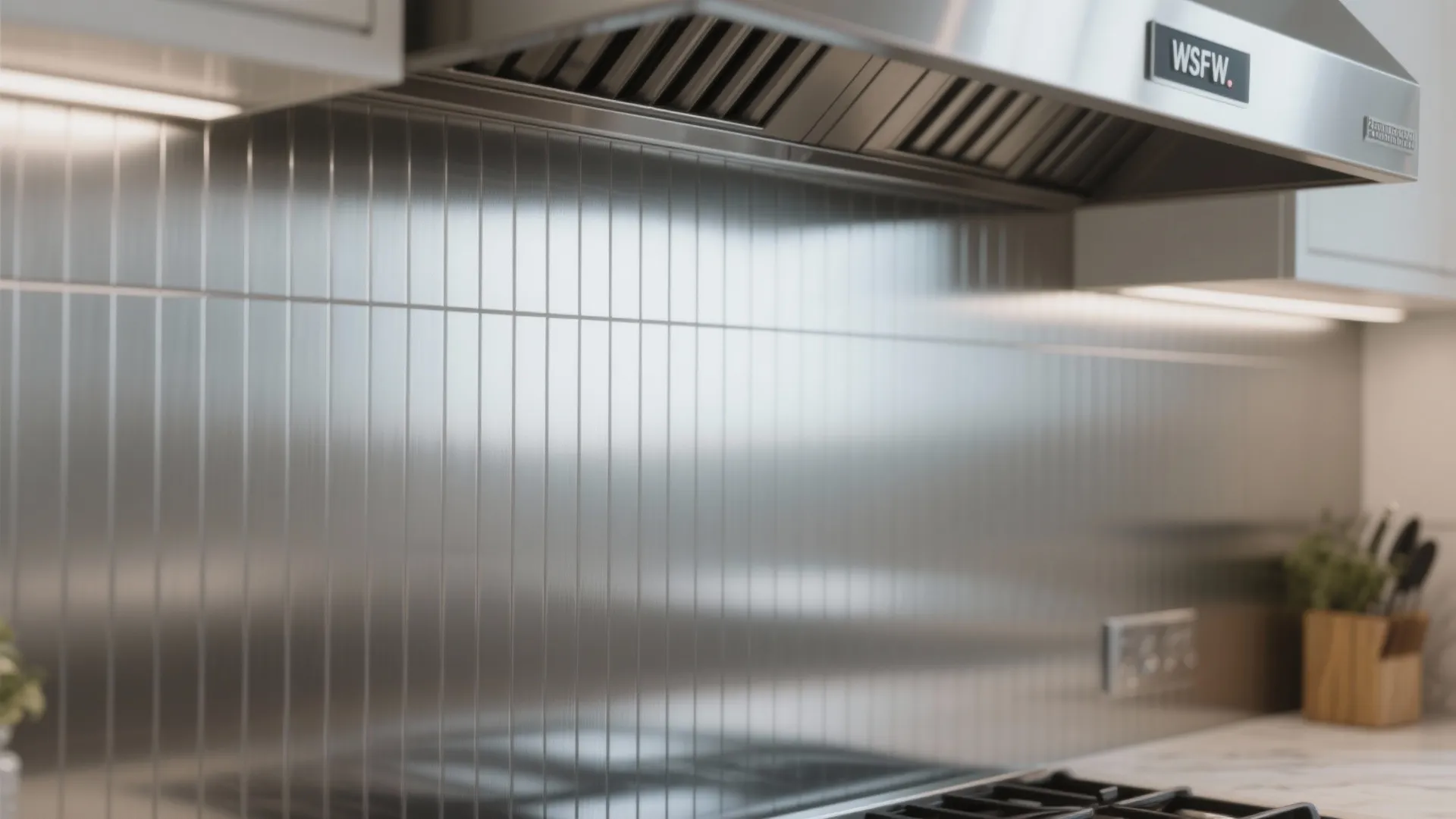 Sleek industrial kitchen with vertical metal wall panels stainless steel vent hood and marble kitchen counter