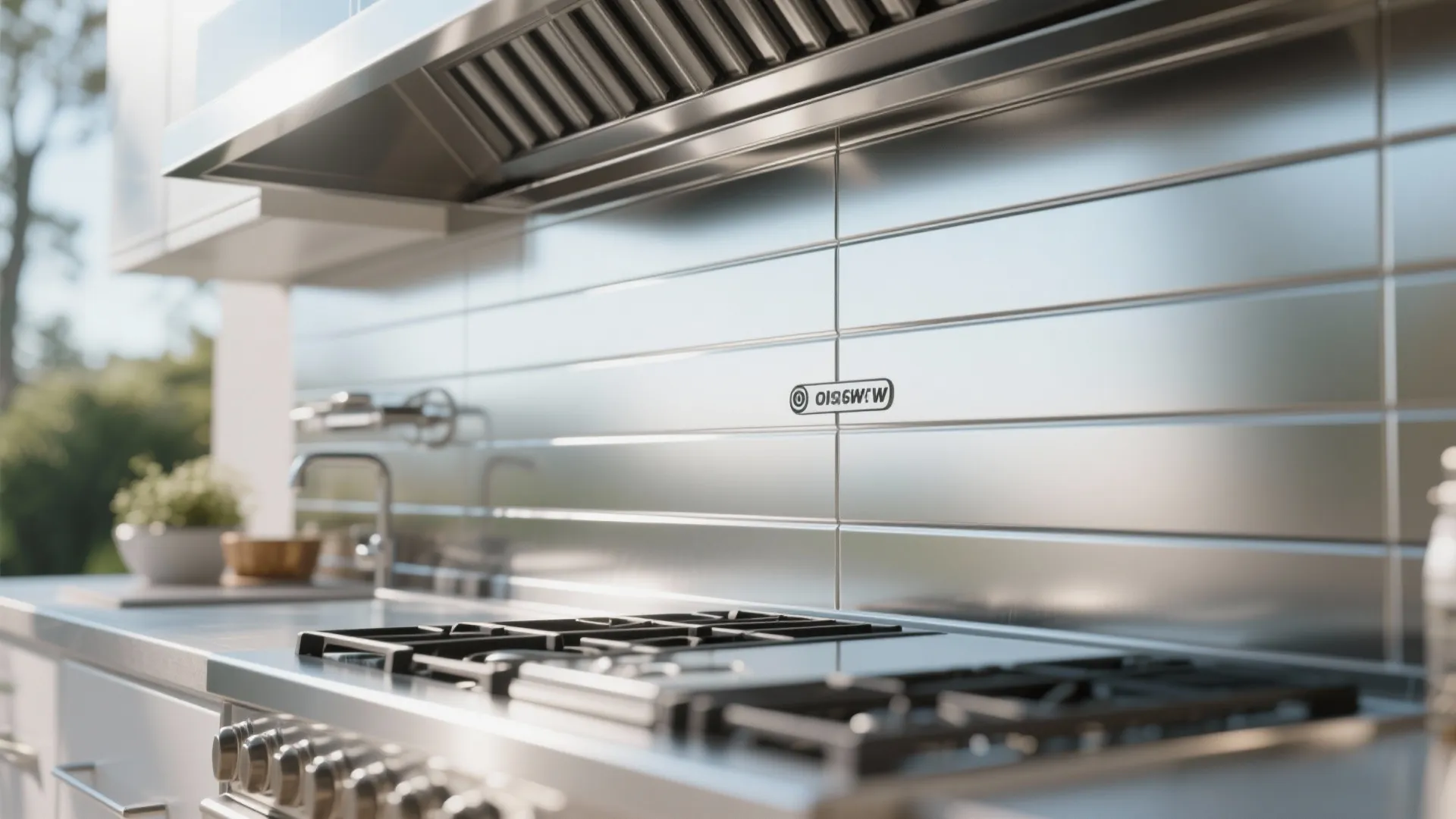 Modern kitchen interior showing a sleek stainless steel backsplash behind a gas stove and faucet