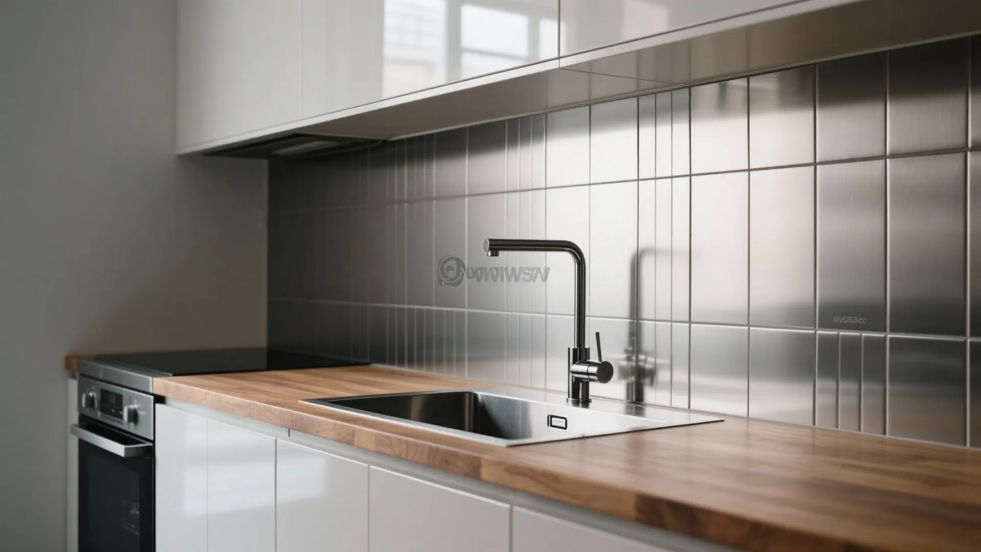 Brushed stainless steel backsplash with wooden counter