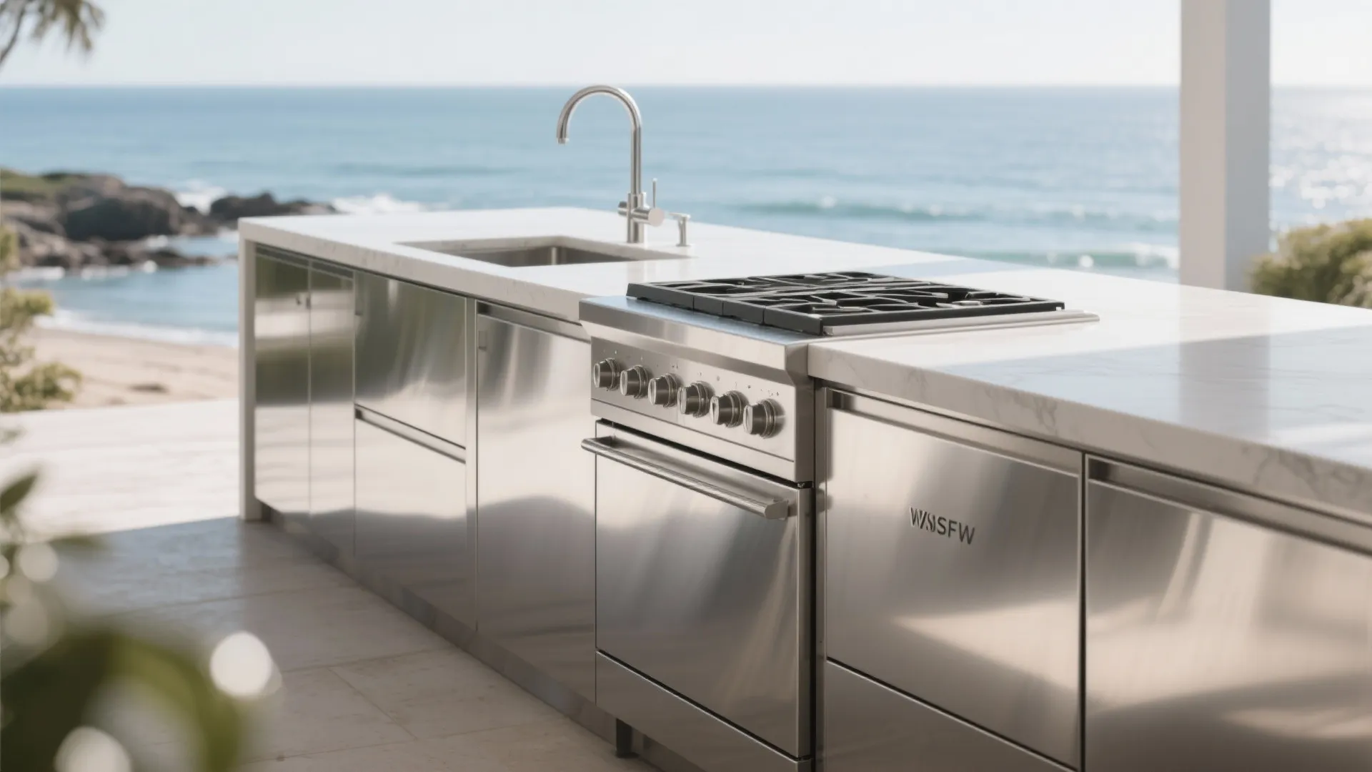 Outdoor kitchen with sleek stainless steel cabinets by the coast