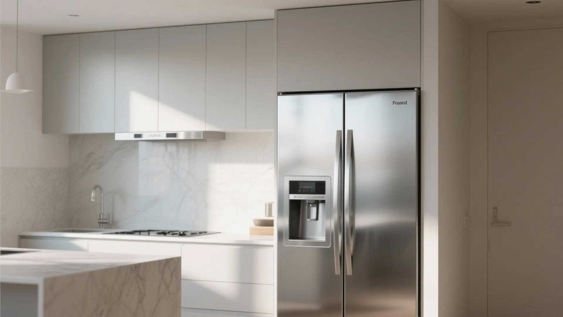 Stainless steel fridge in a sleek modern kitchen