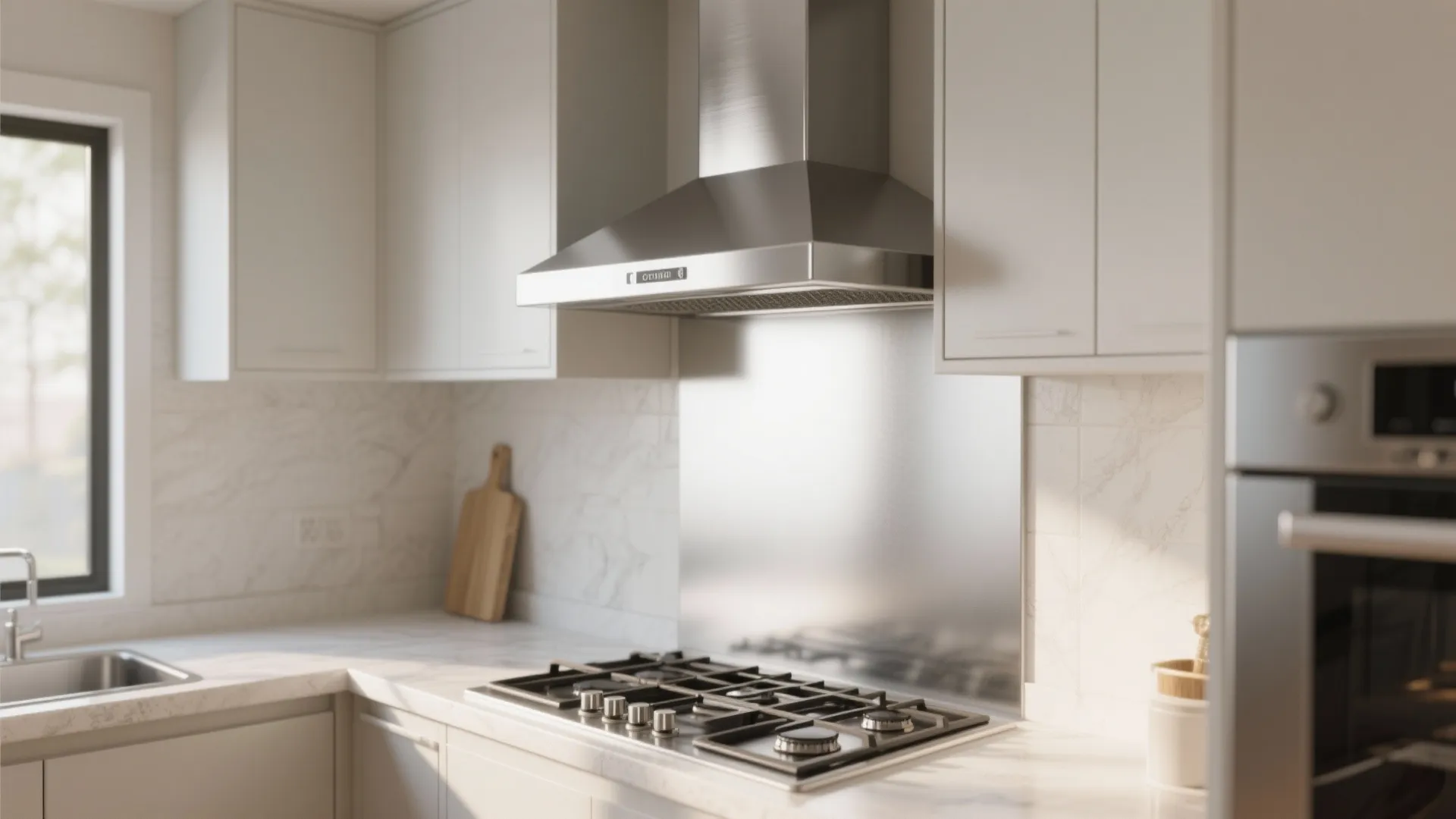 Modern kitchen with stainless steel stove hood above gas cooktop and white cabinets with window