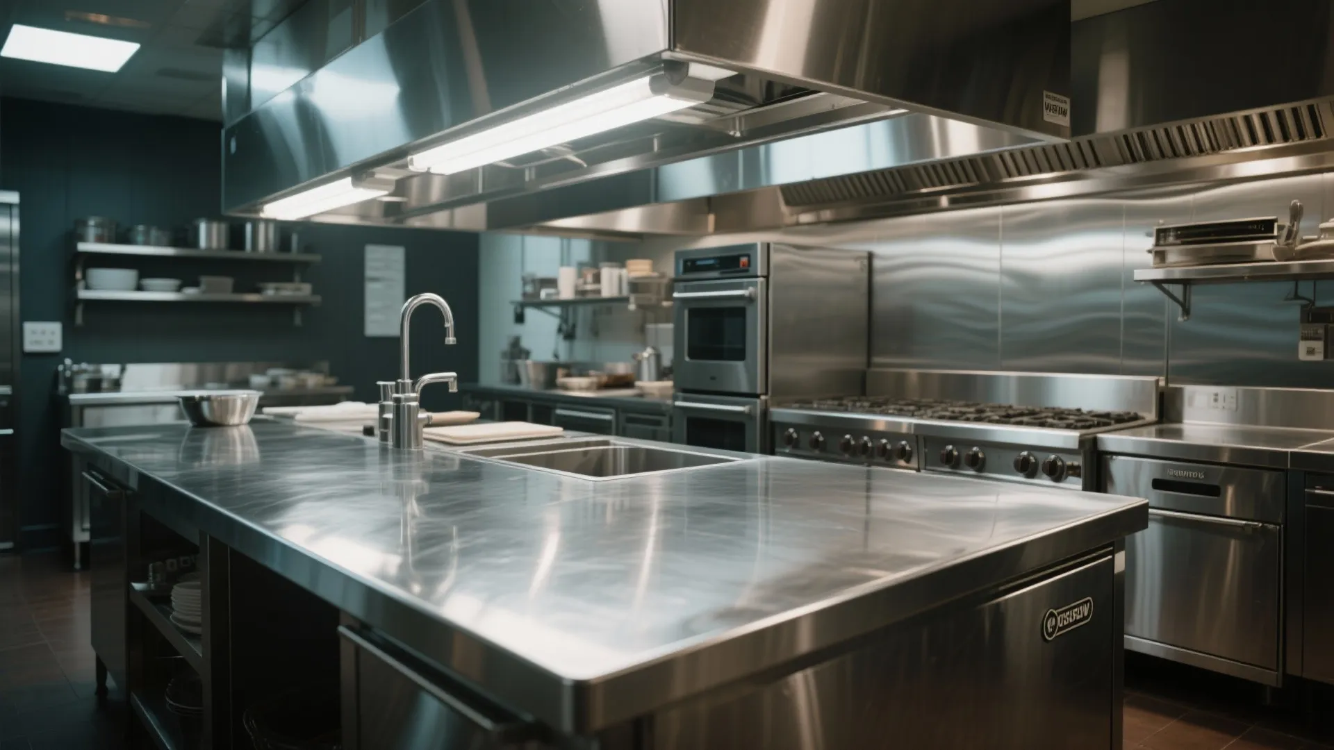 Professional kitchen with stainless steel island sink commercial stove wall lights and metal appliances for cooking