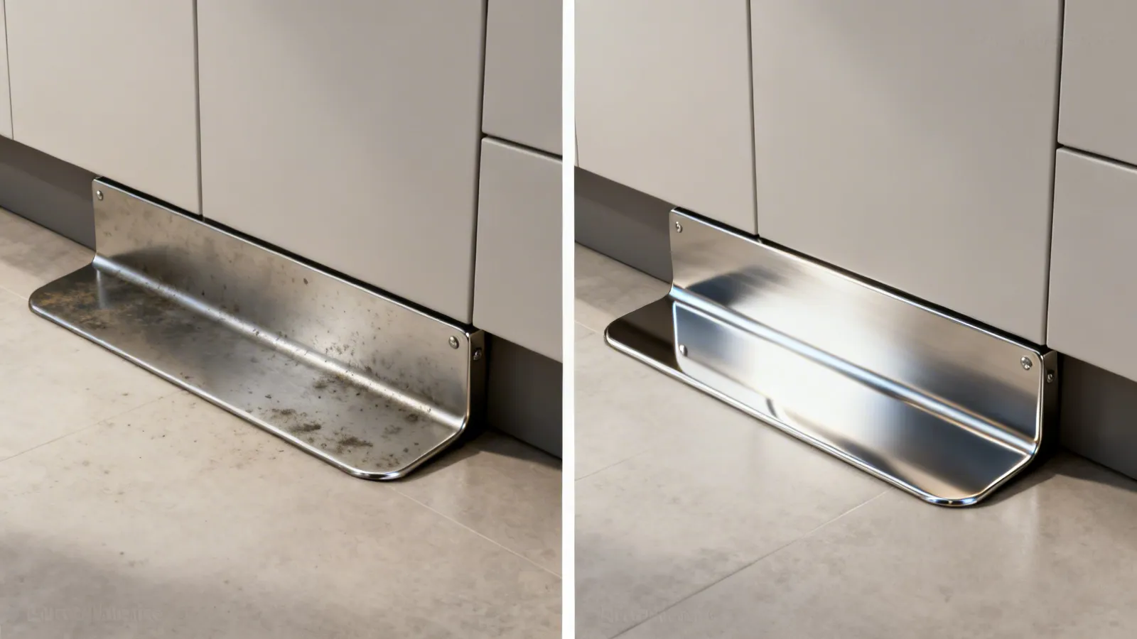 Comparison of dull versus polished stainless steel kitchen kick plates