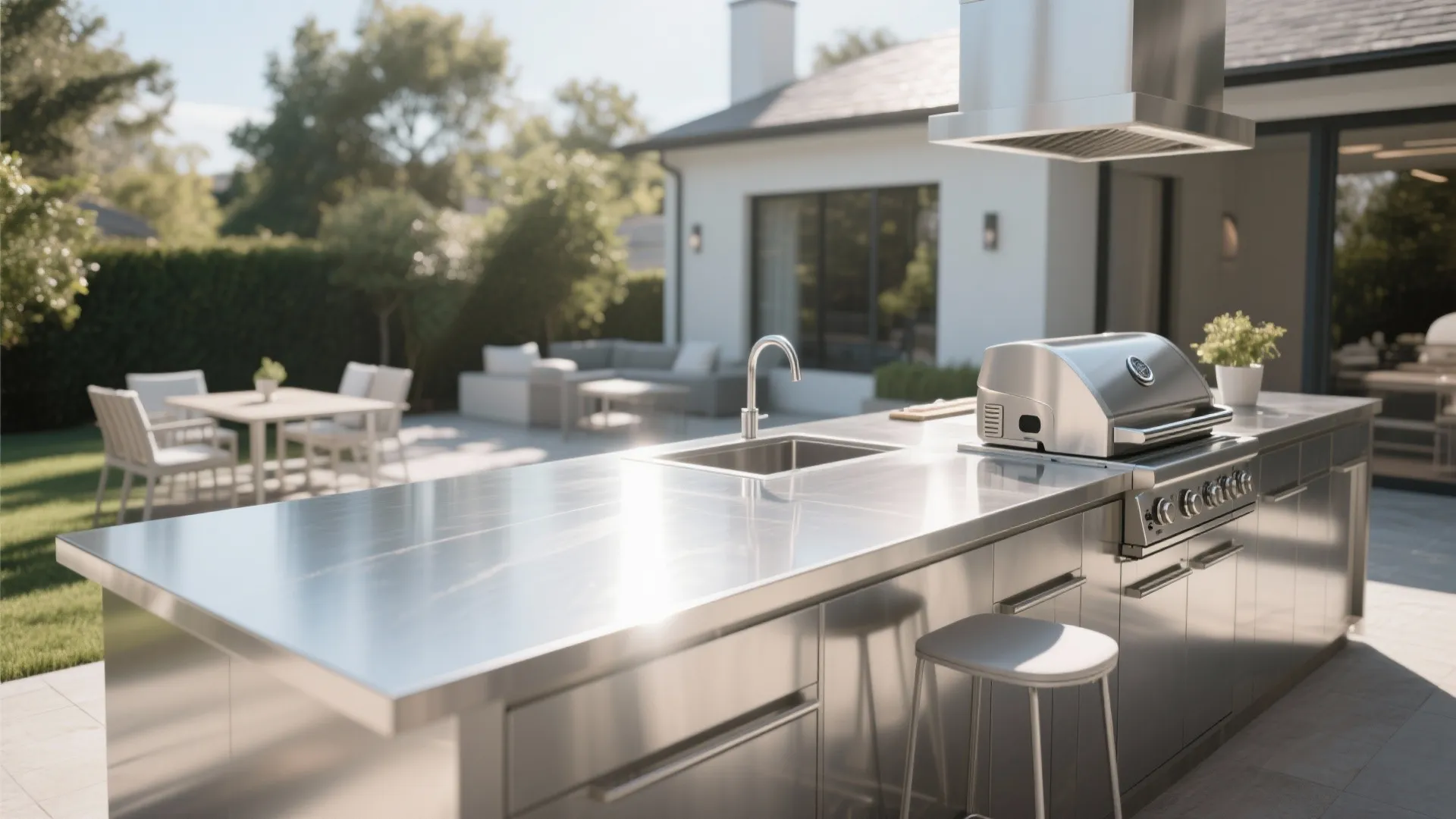 Outdoor kitchen with sleek stainless steel countertop and grill