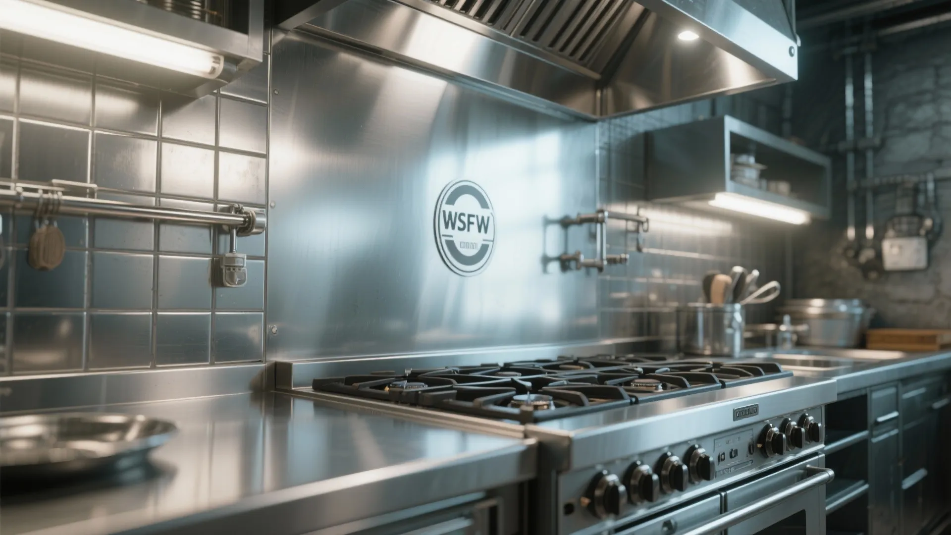 Industrial kitchen with stainless steel wall panels behind a professional gas stove and metal shelves