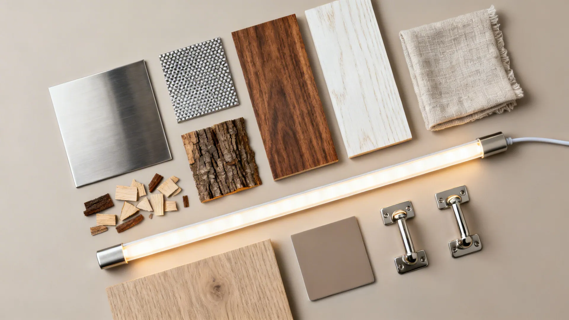 Flat-lay of brushed stainless, textured finishes, warm woods, matte chip, and LED strip summarizing the theme.