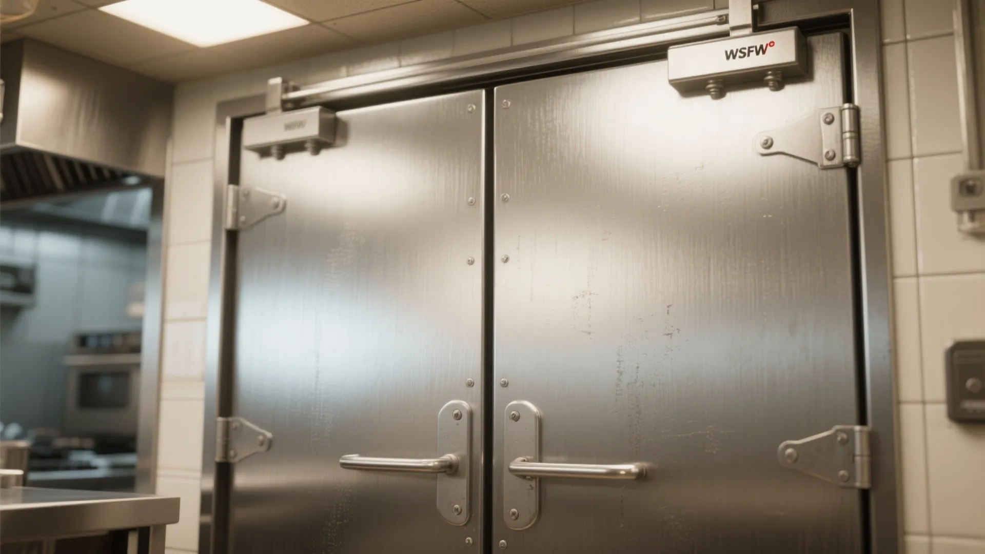 Close up of industrial double stainless steel doors for commercial kitchen with heavy duty metal hinges