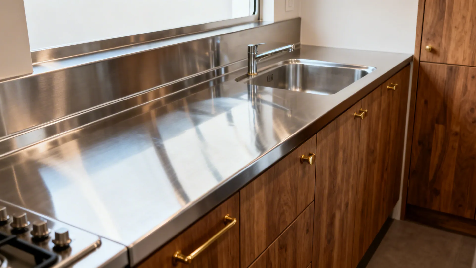 Modern kitchen with stainless steel countertop, matching sink, and wood cabinets with gold metal handles