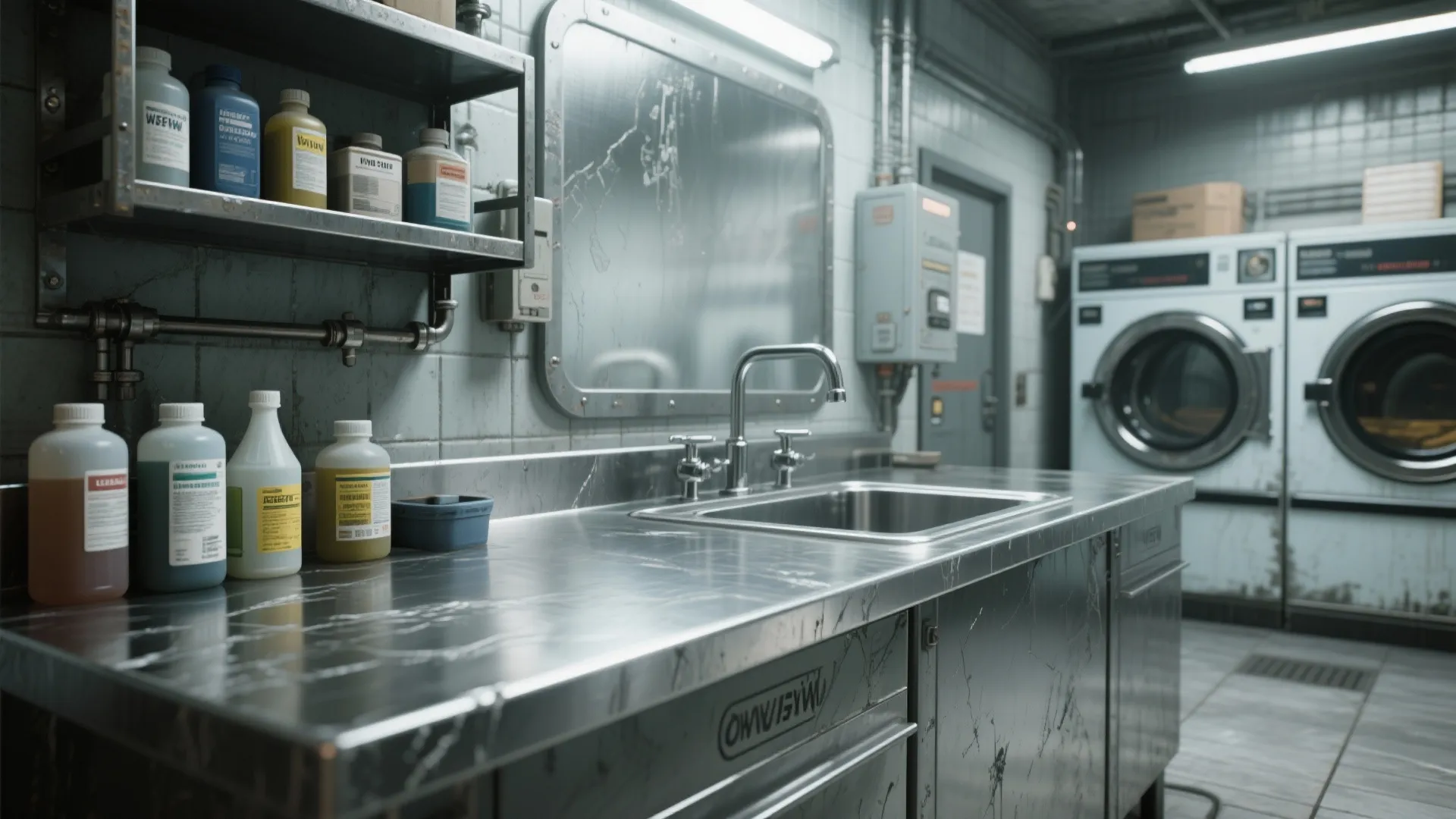 Industrial laundry room with stainless steel countertop sink bottles on shelves and white washing machines