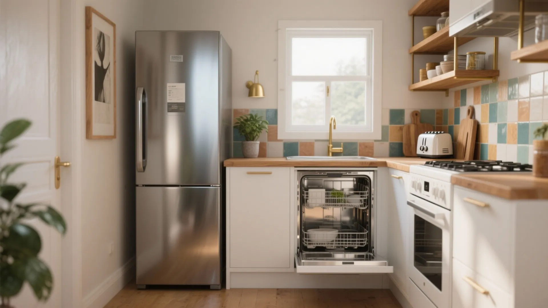 Small kitchen with stainless steel fridge wood countertop open dishwasher colorful tiles and gold faucet