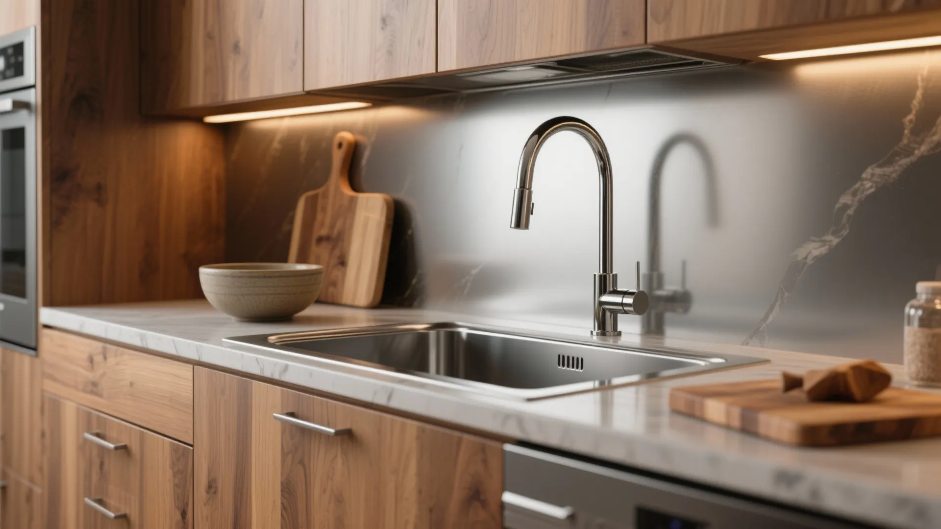 Modern wood kitchen cabinets with stainless steel sink chrome faucet marble countertop and built-in oven