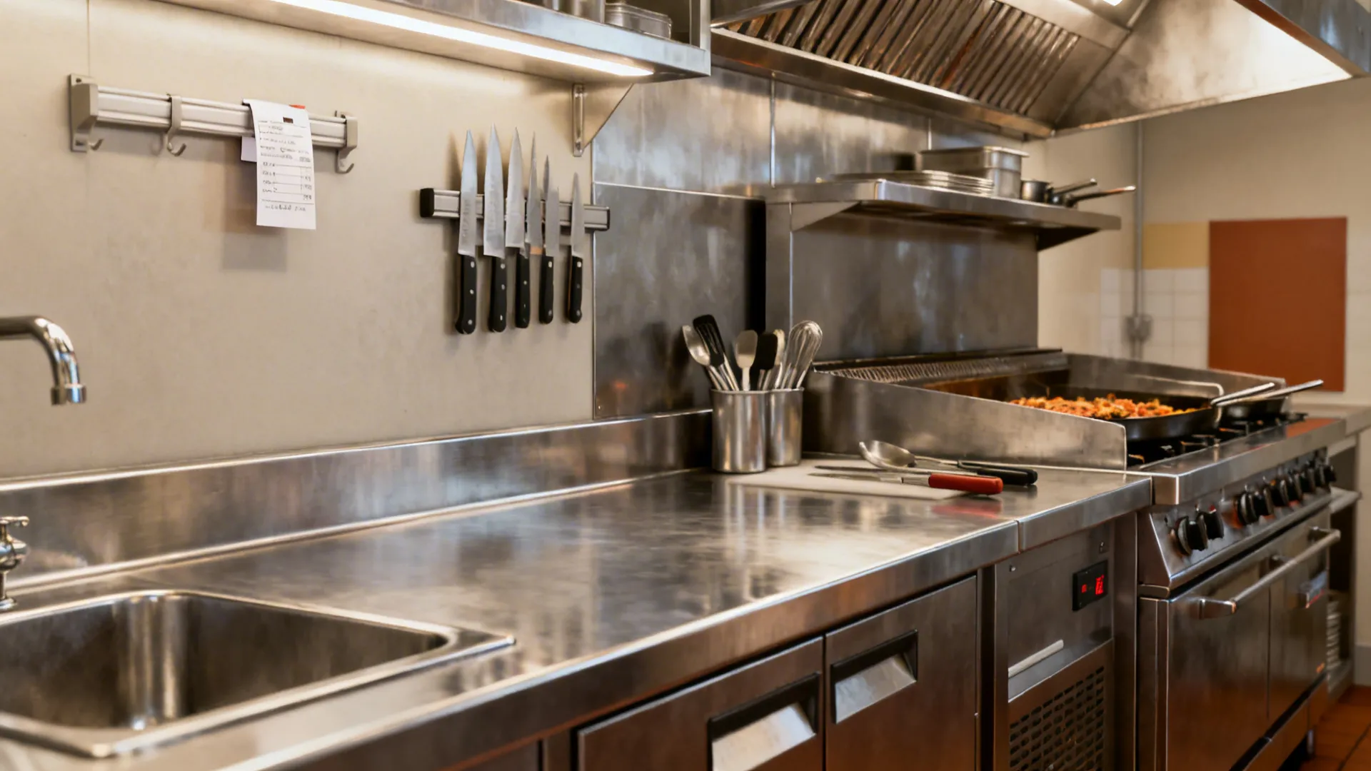 Stainless steel kitchen workstation with sink magnetic knife rack utensils stove and professional exhaust hood