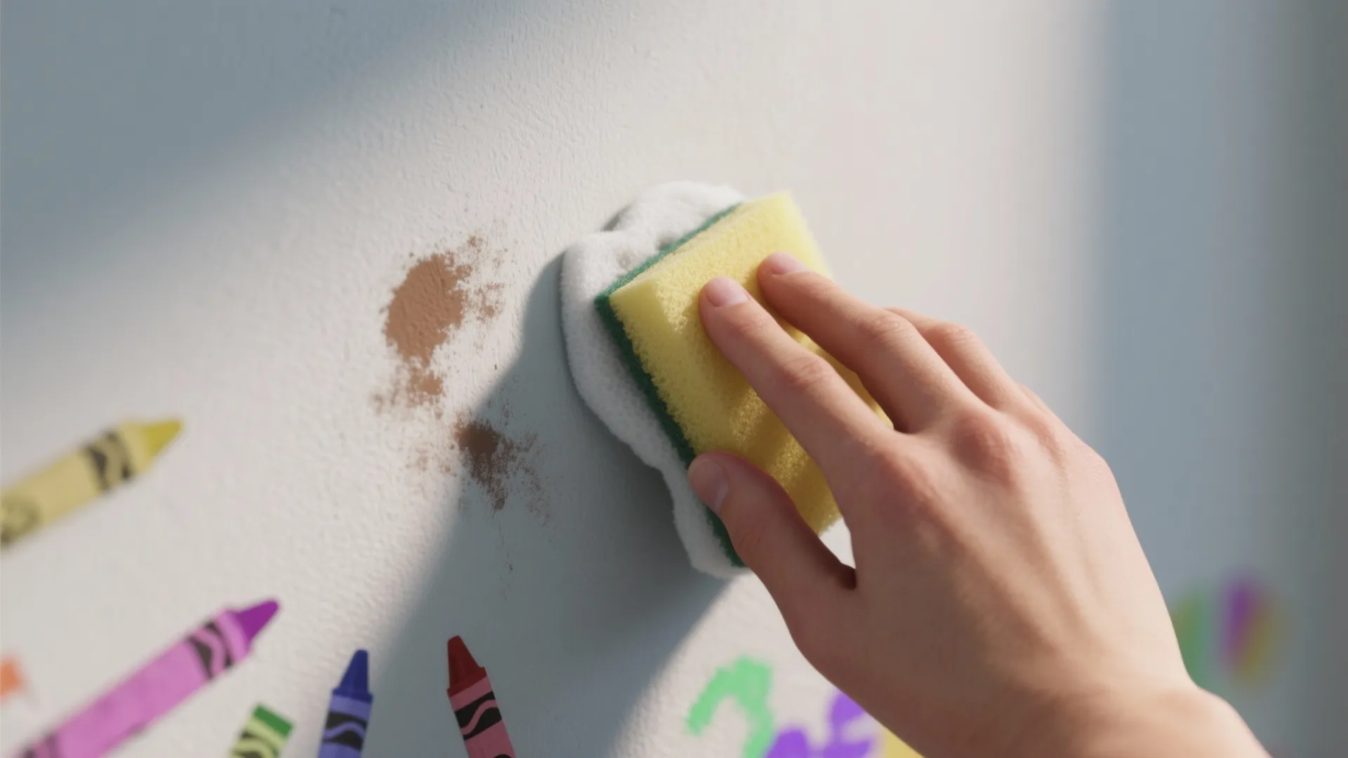 A hand using a yellow sponge to clean brown stains and crayon marks off wall
