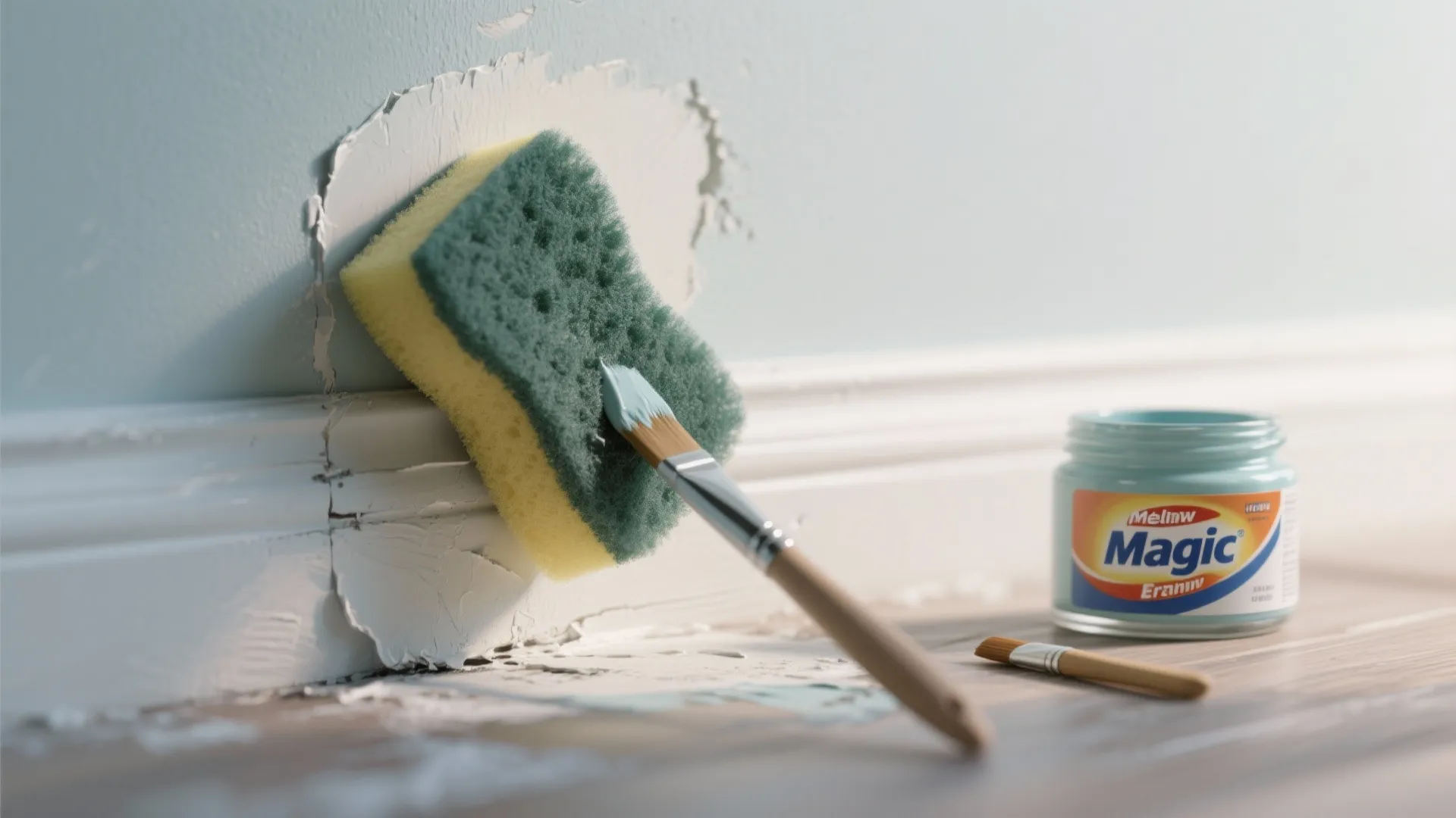 Cleaning wall stains with a sponge and paint brush near a jar of cleaning paste