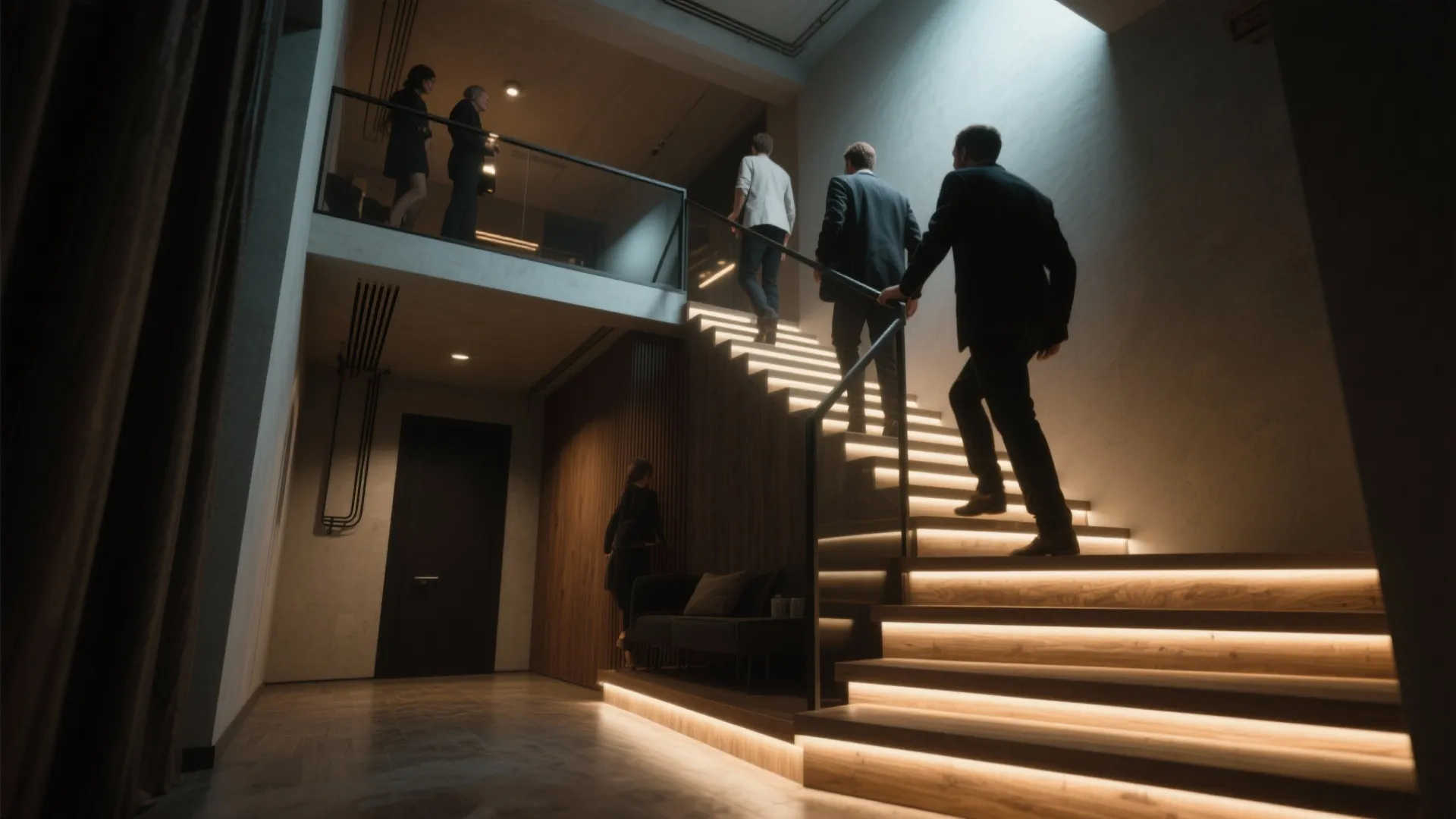 Modern wooden staircase with warm step lights showing people walking up in a dark office