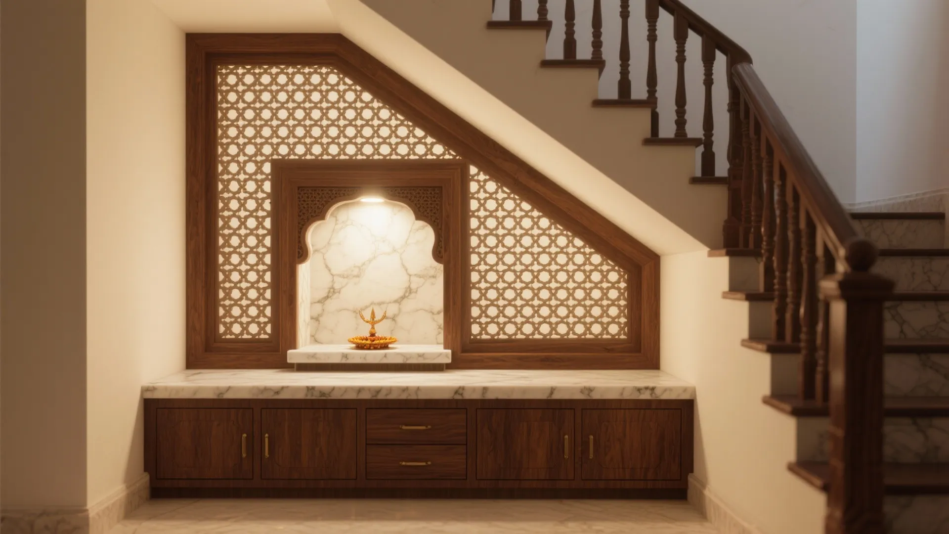 Under-Stair Pooja Alcove with Jaali Ventilation