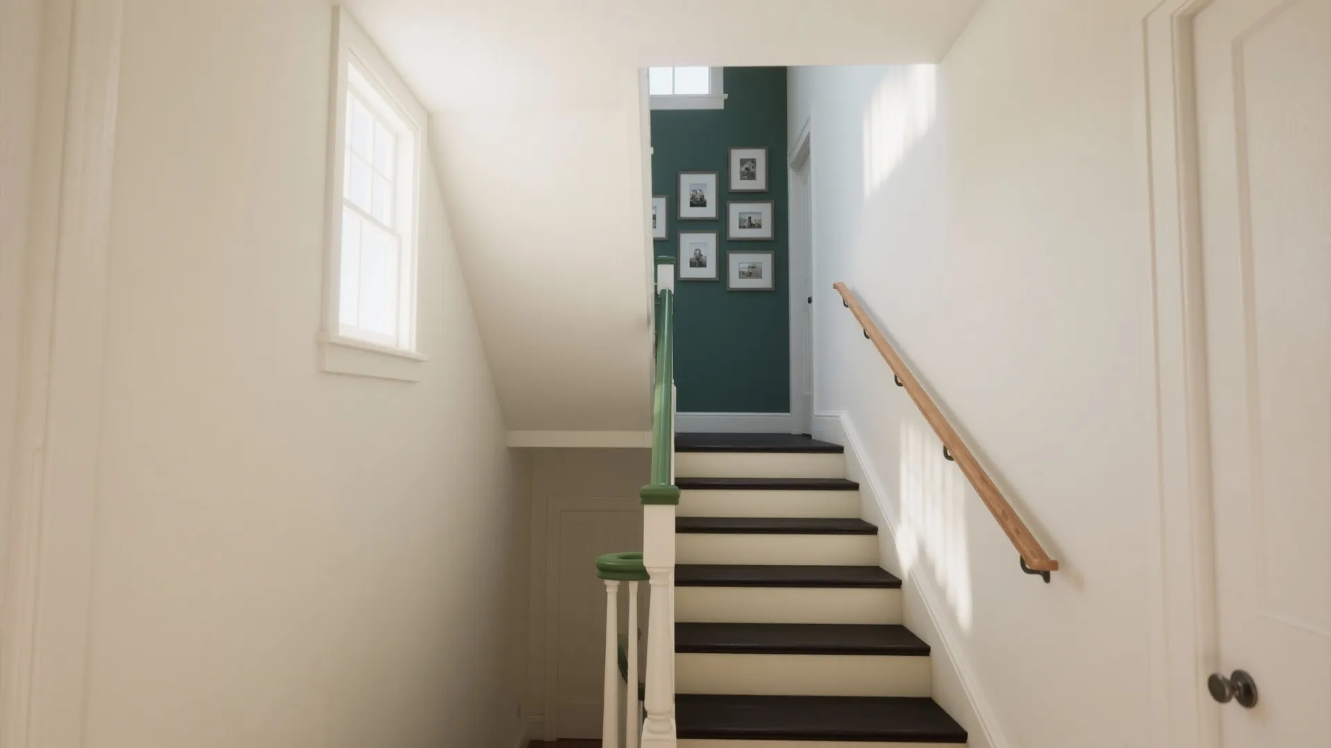 Interior wooden staircase with black steps green handrail white walls and pictures on green wall