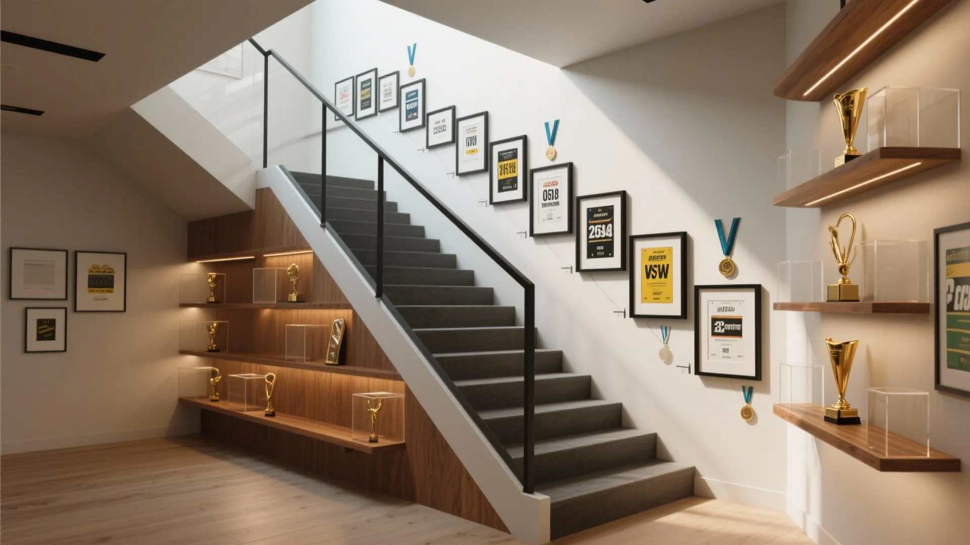 Modern staircase with framed certificates on the wall and golden trophies displayed on wooden shelves