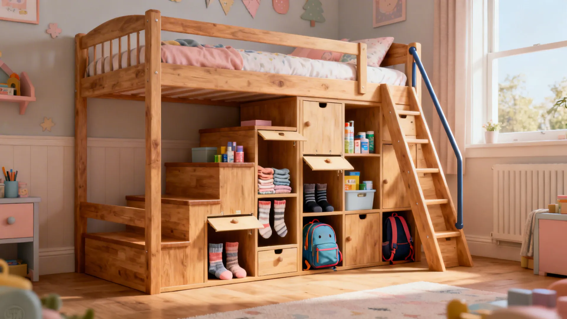 Bunk bed stairs where each step opens as a cubby for organized storage