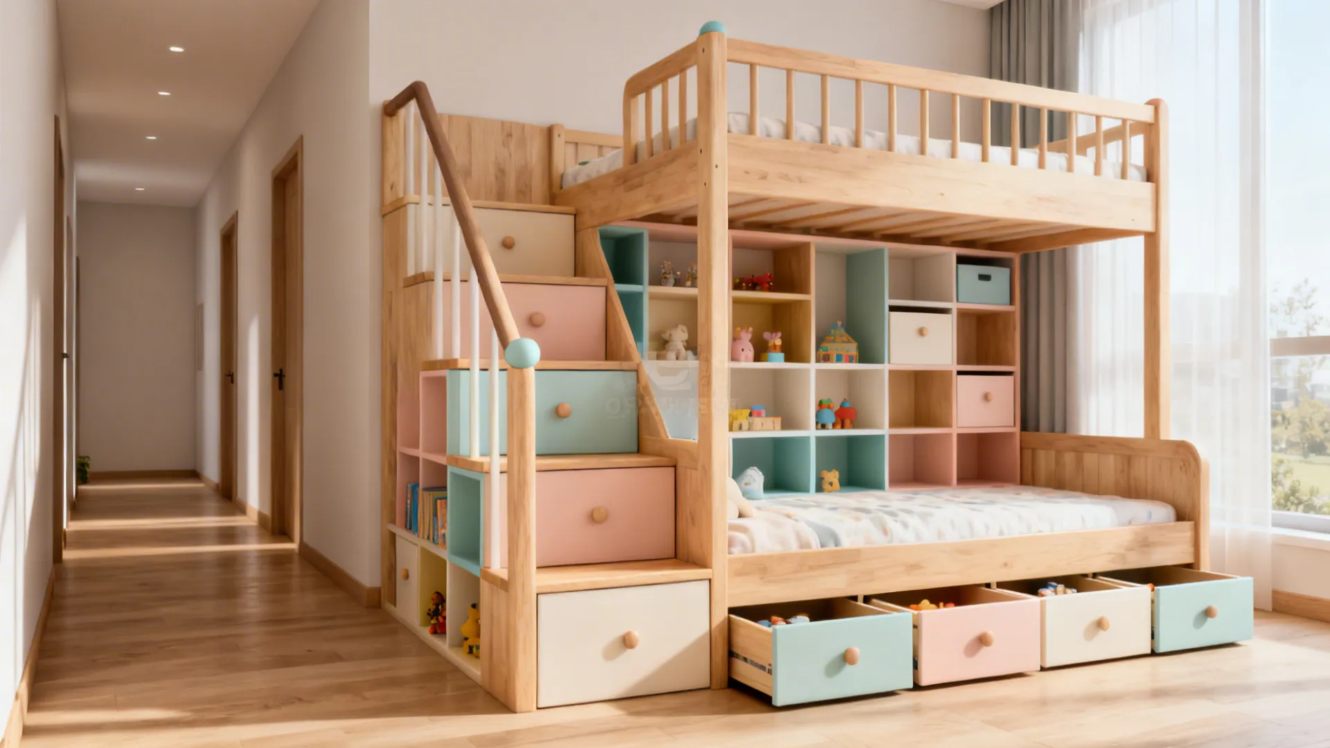 Staircase bunk bed with staggered storage cubbies and drawers in a small bedroom.