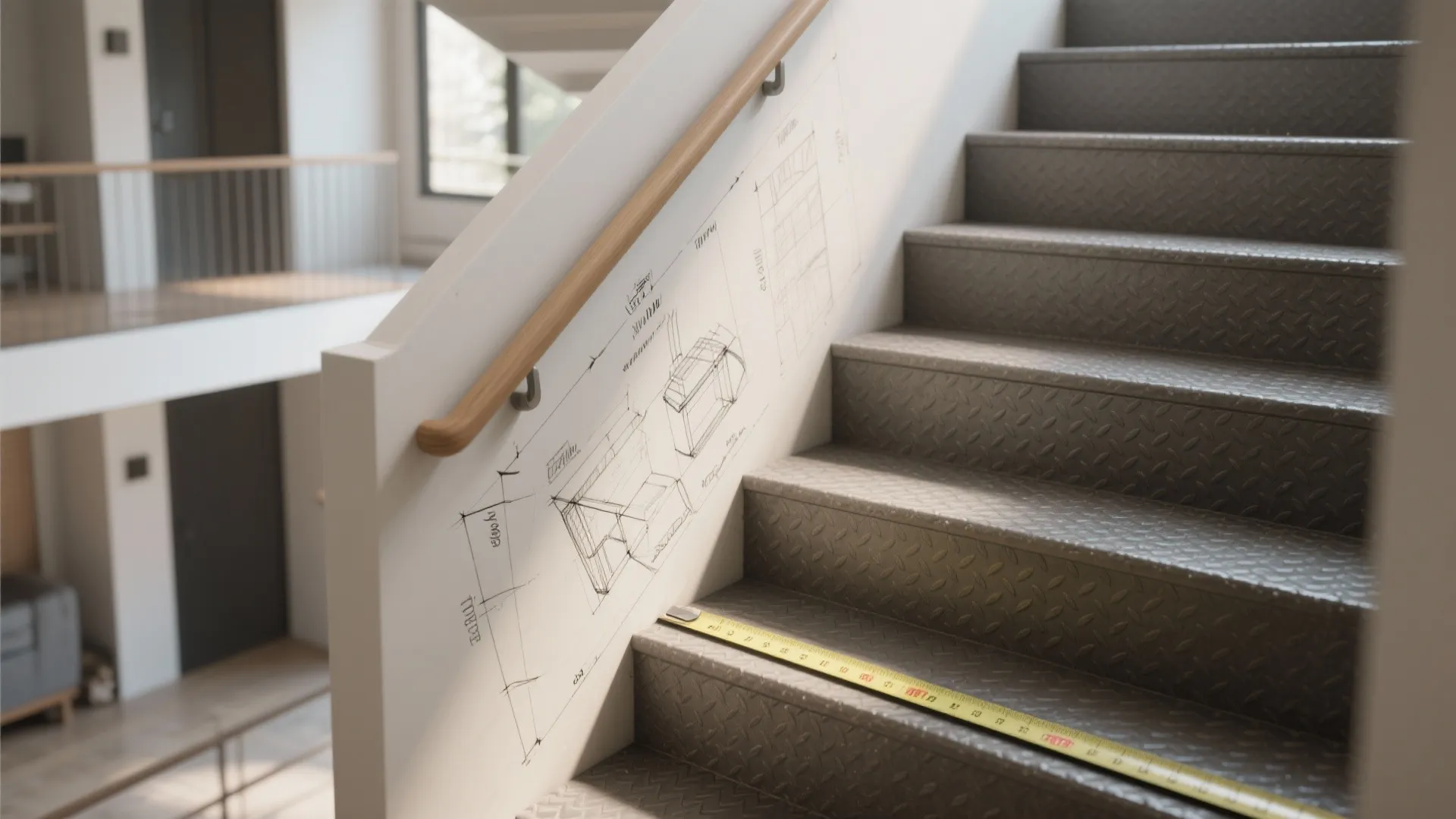 Close up of grey metal stairs with a yellow tape measure and interior design drawing