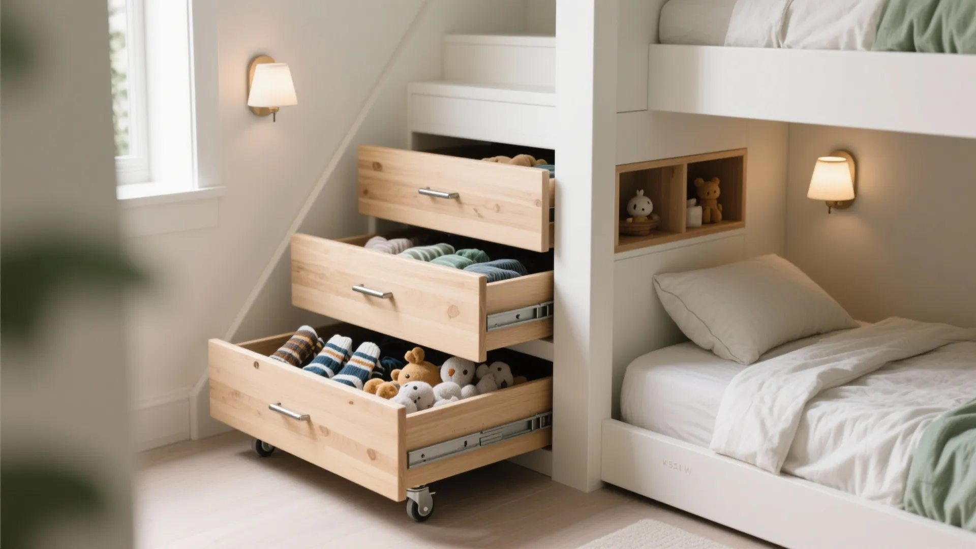 Idea 2: Storage-Stair Bunks with a Backup Trundle
