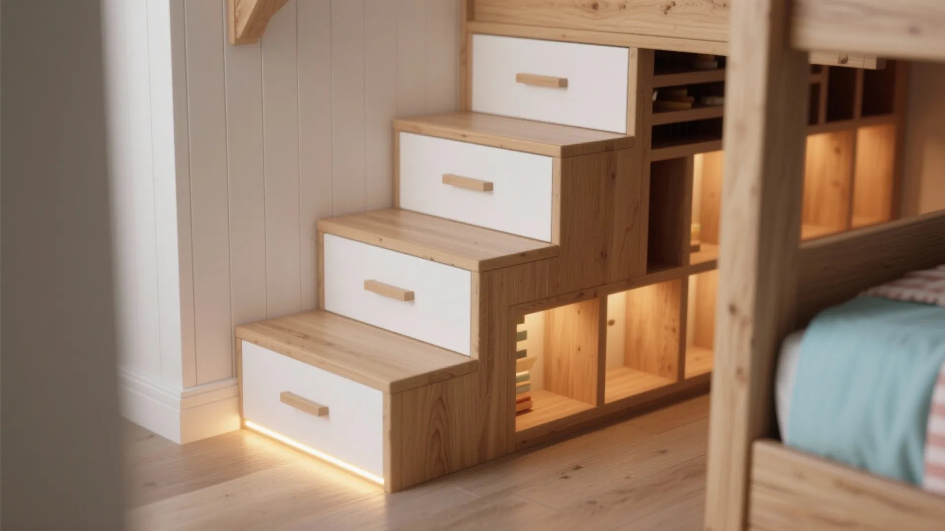Storage stairs and built‑ins under the lower bunk