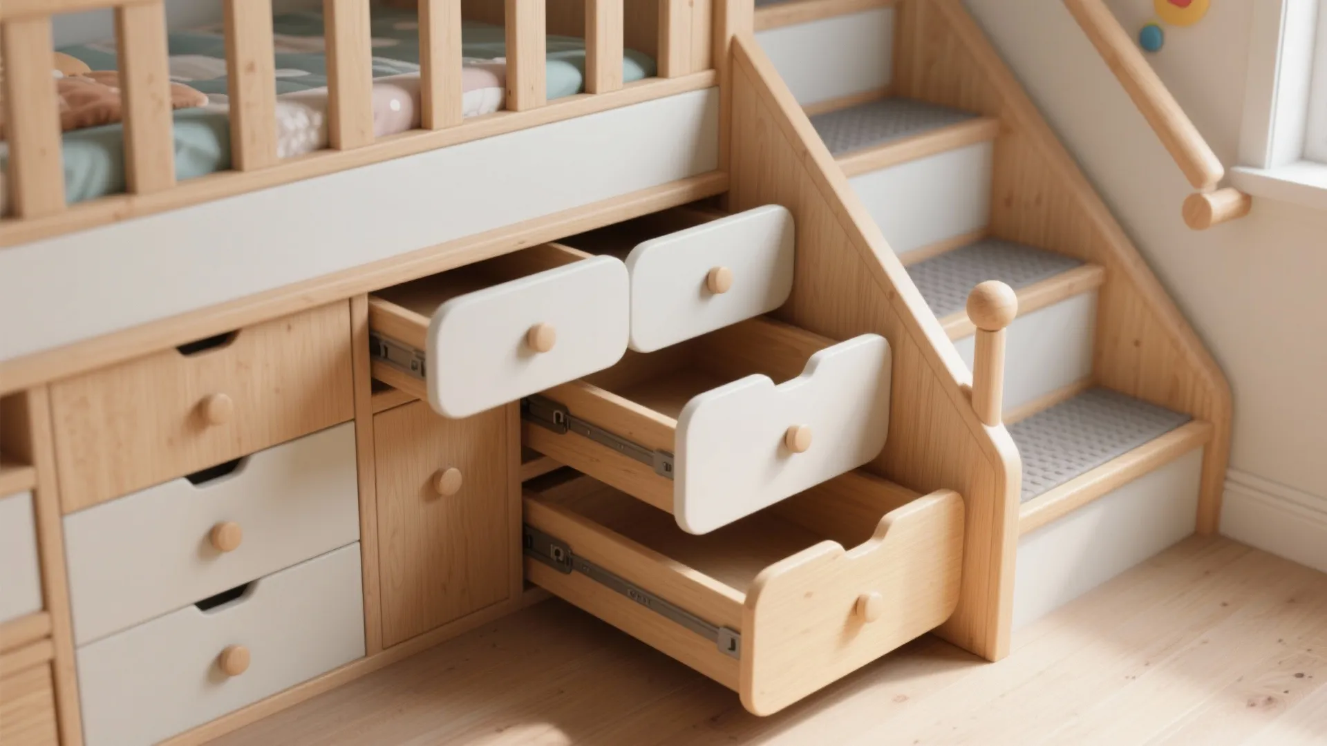 Close up view of wooden bunk bed stairs with open drawers for smart space saving storage