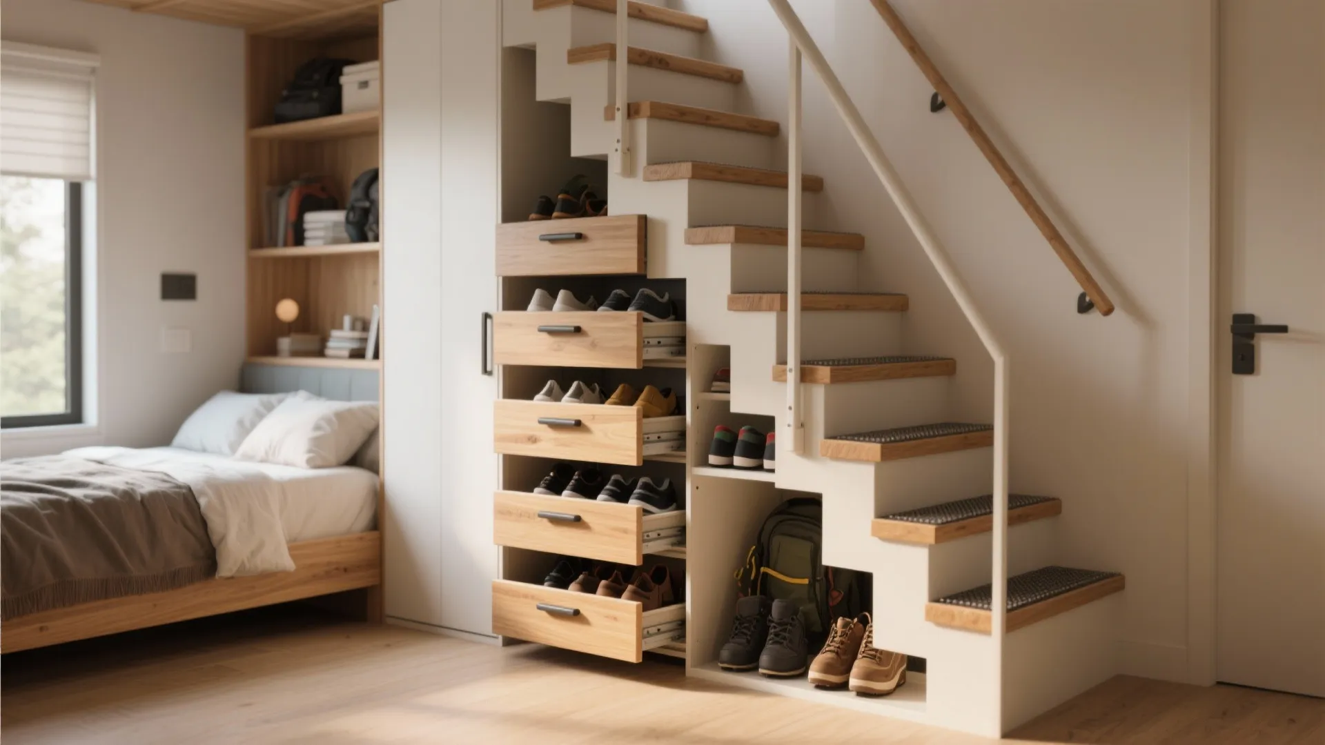 Compact staircase steps beside a bunk, with hidden pull-out drawers in each step for shoes and gear.