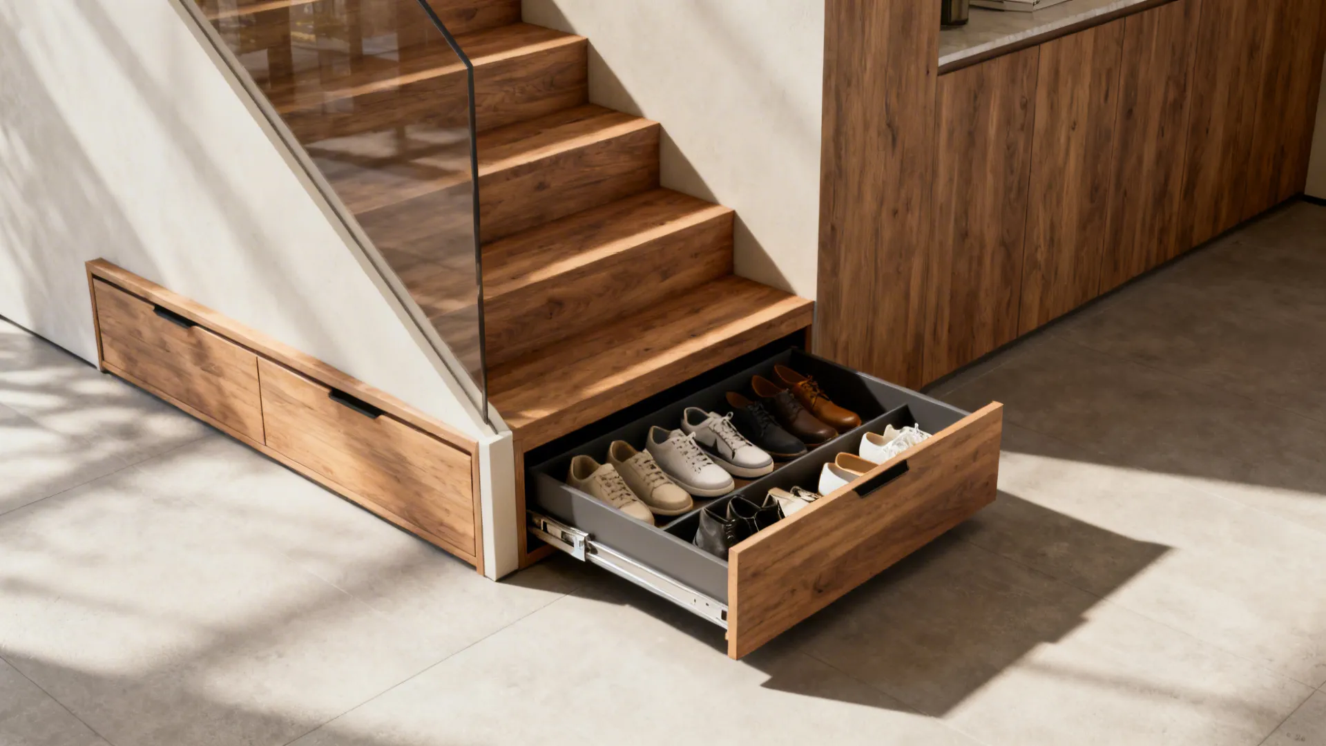 Staircase with hidden pull-out shoe drawers, one drawer open showing stored shoes.
