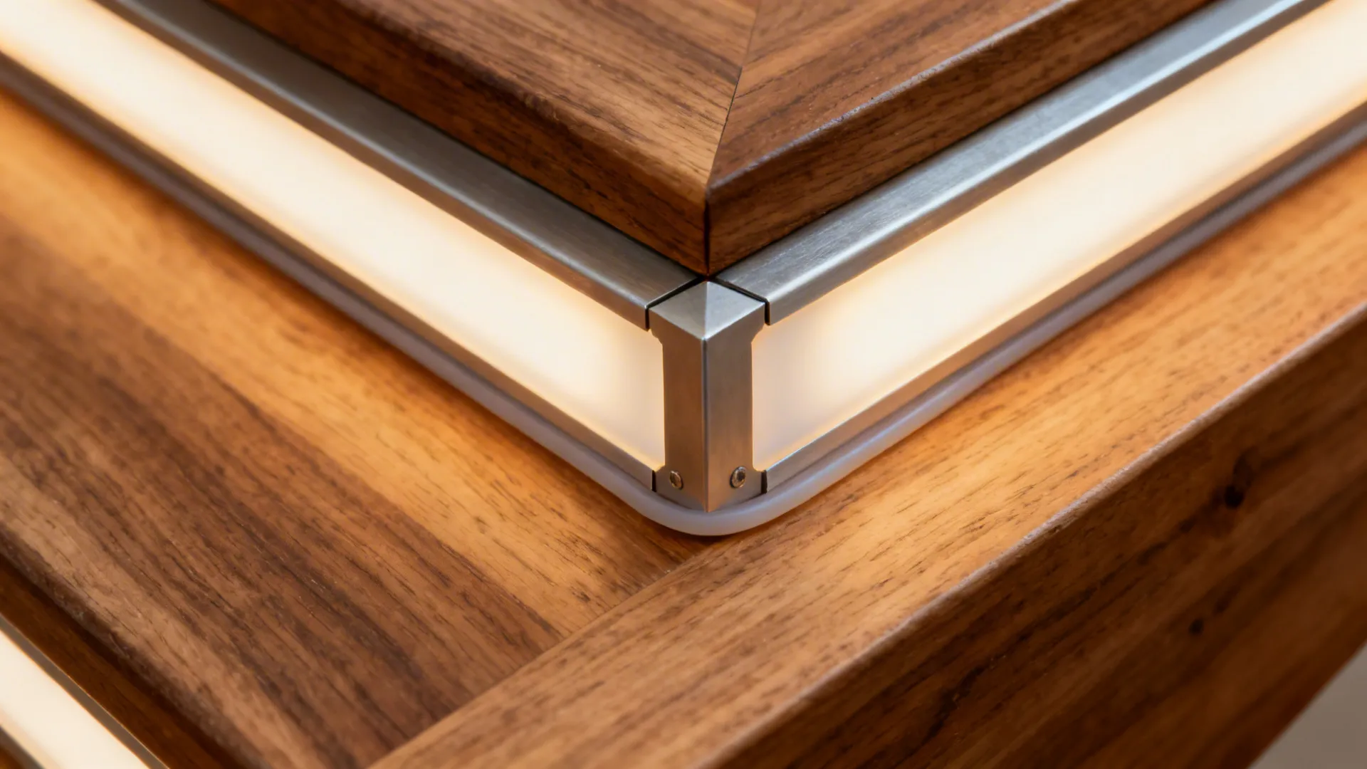 Macro of stair riser LED channel with opal diffuser creating a safe, soft edge glow.