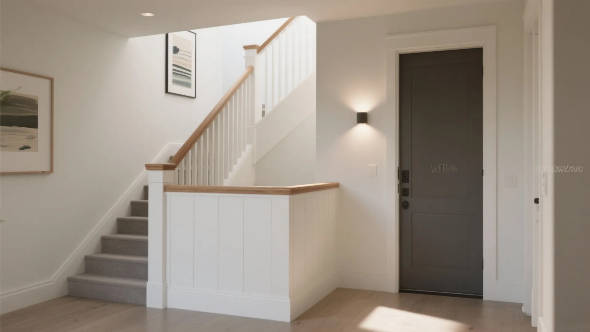 Bright home entrance with grey carpeted stairs wooden handrails white wall panels and black door
