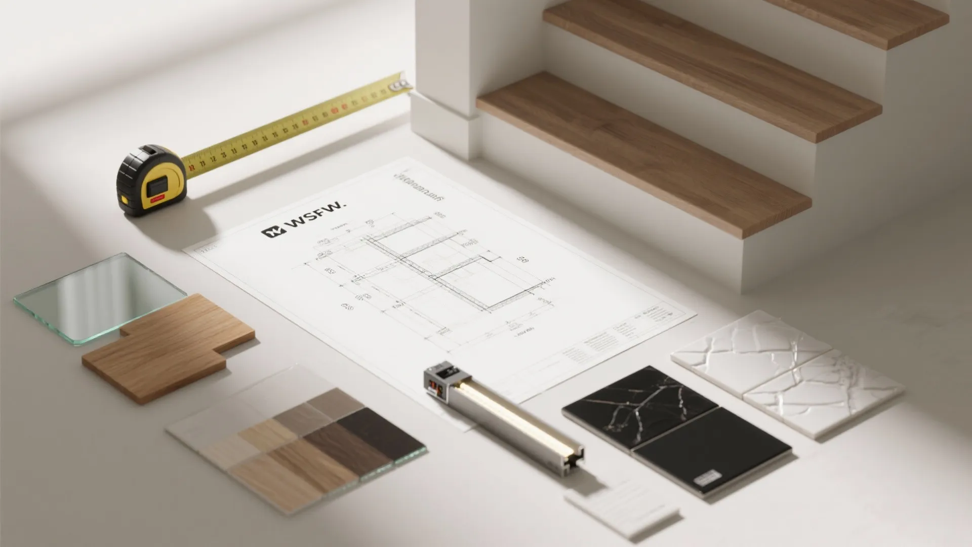 Flat lay of hall stair planning tools and materials including wood, glass, LED channels, finish chips, and tiles.