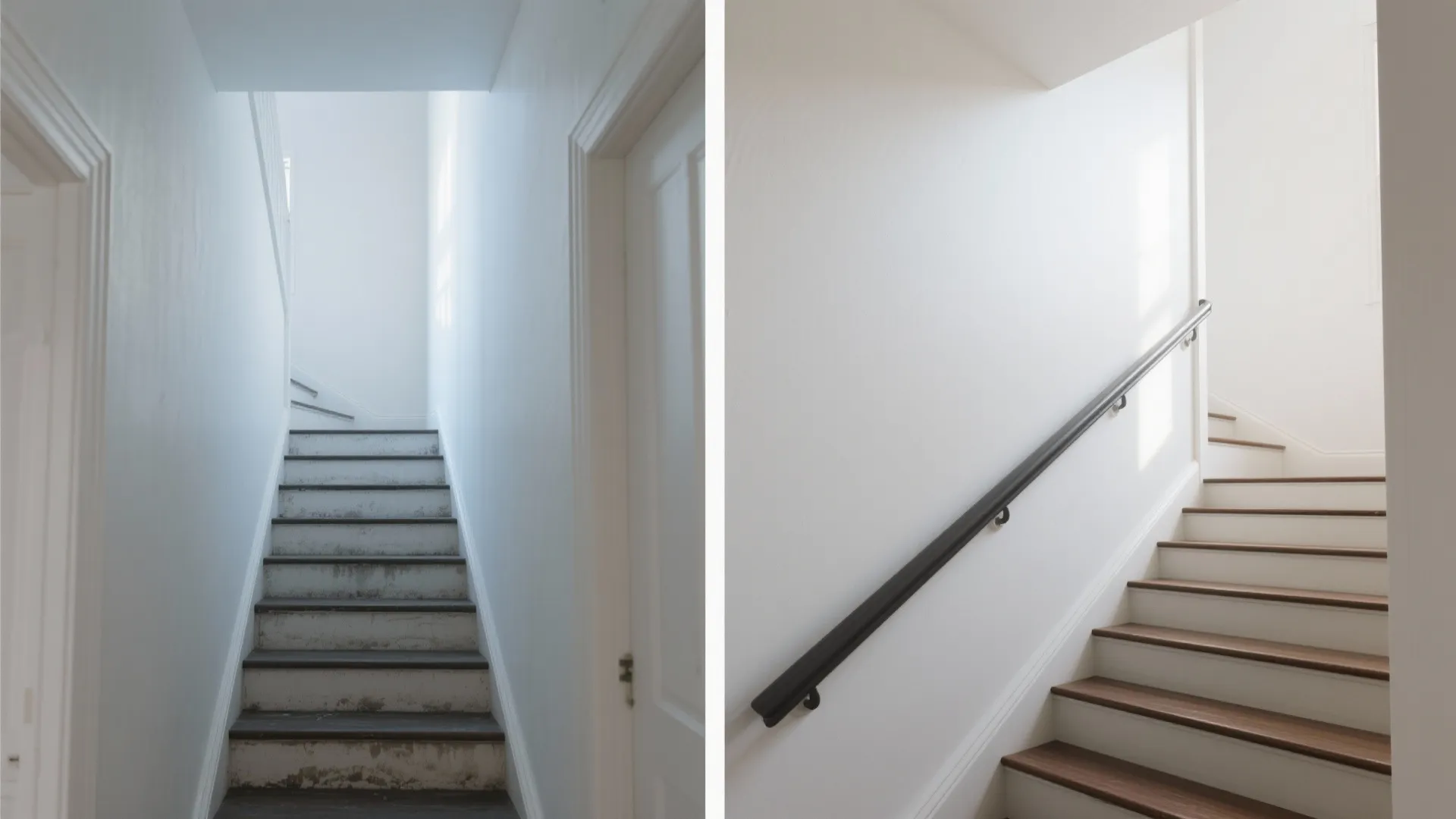 Before and after comparison of old worn stairs and renovated clean white stairs with handrail