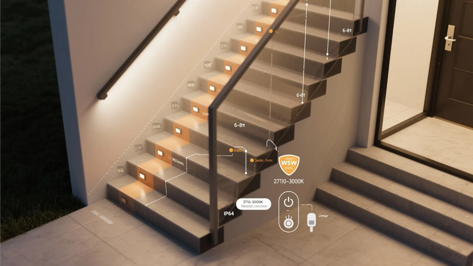 Top-down plan view of stair run showing fixture spacing, sensor locations, and color temperature recommendations.