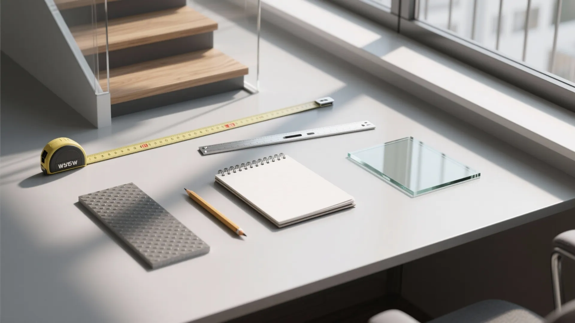 Table with measuring tape ruler notebook pencil glass sample and grey material under wooden stairs