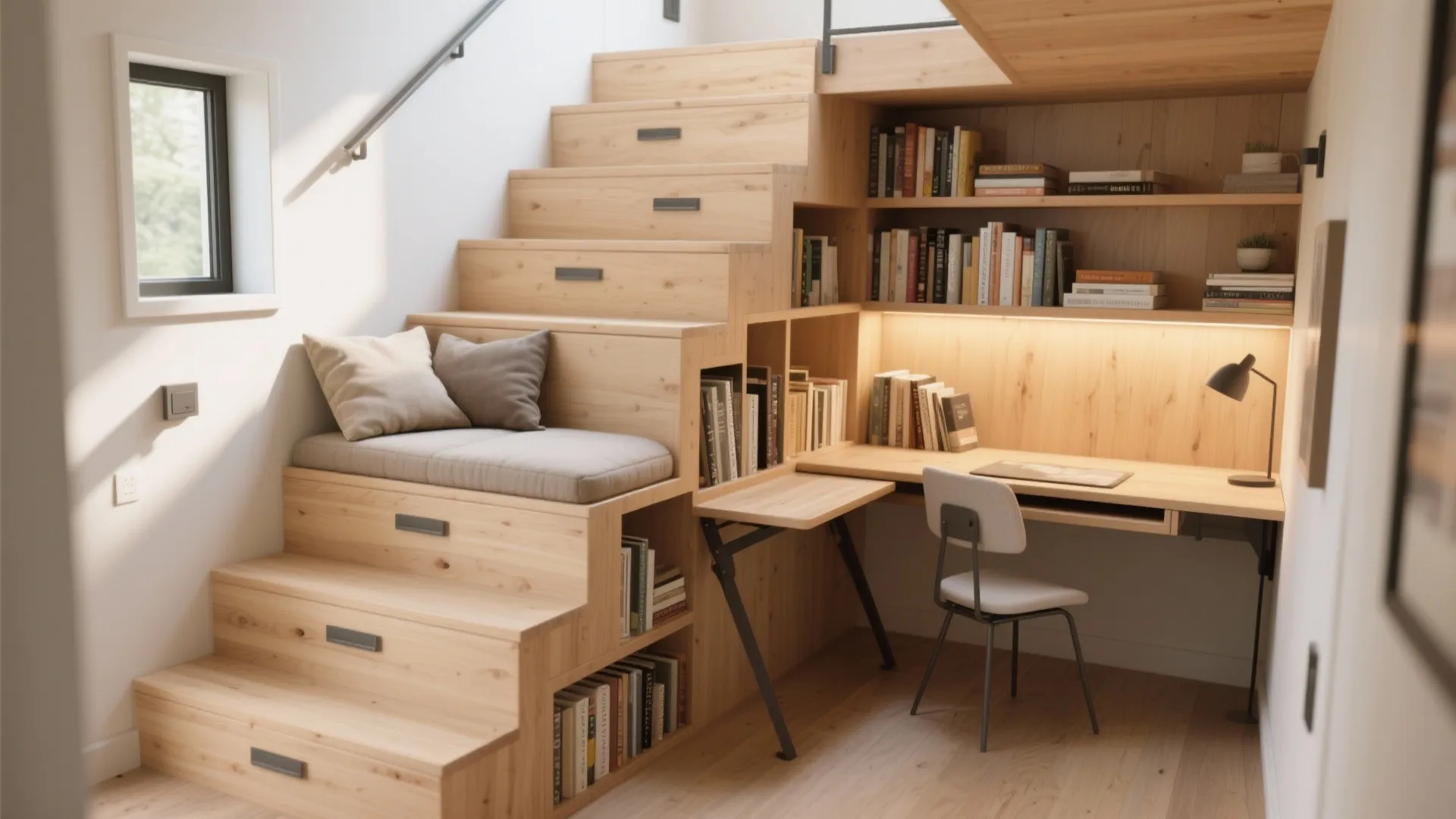 4. Stair-as-furniture: benches, shelving, and desks
