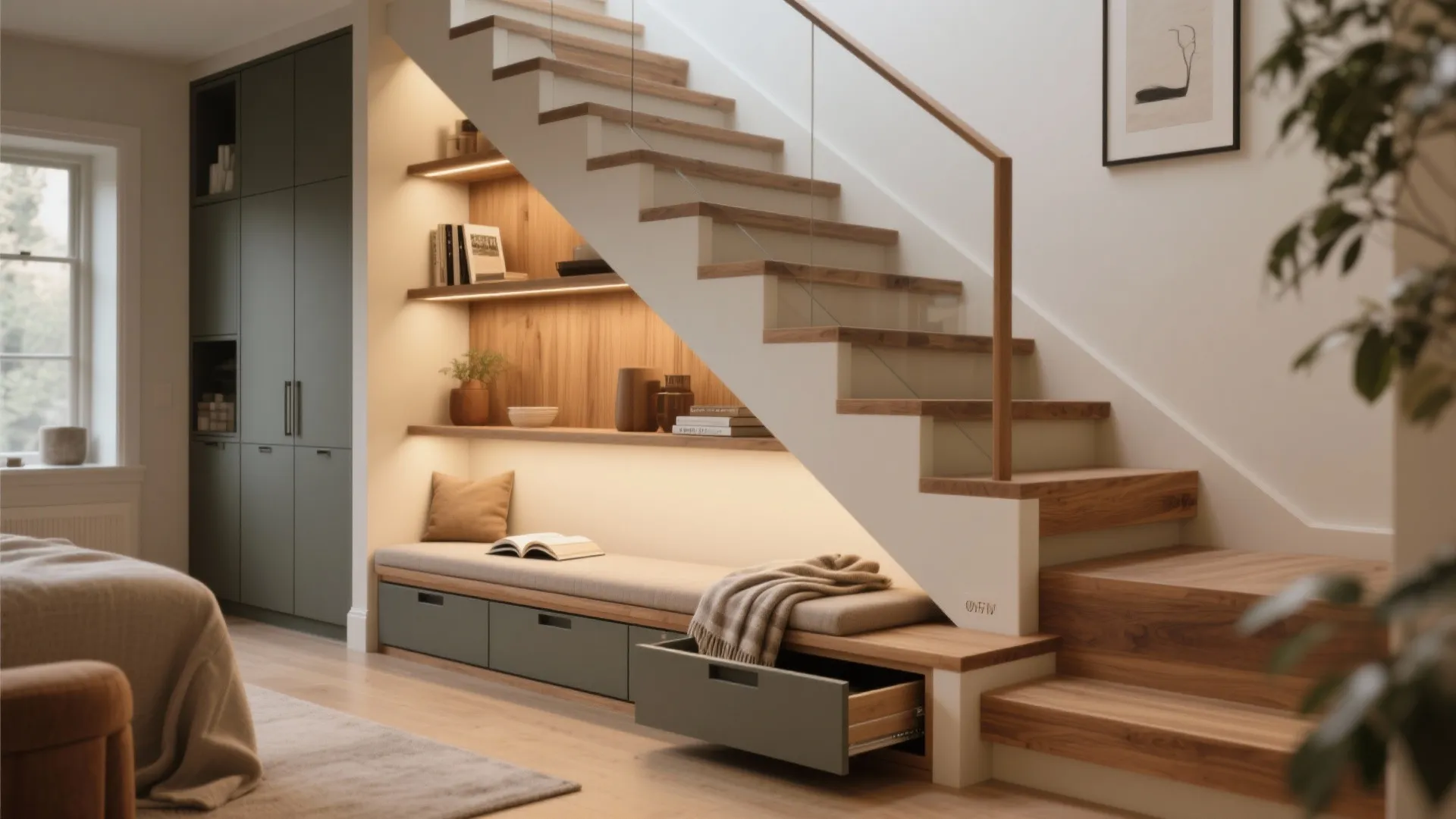 3. Staircase-as-Furniture: Bench, Shelves and Pull-Outs