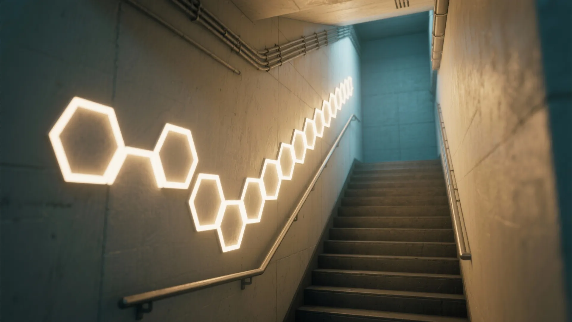 Narrow staircase wall with a vertical string of hexagon LED panels providing subtle guiding light