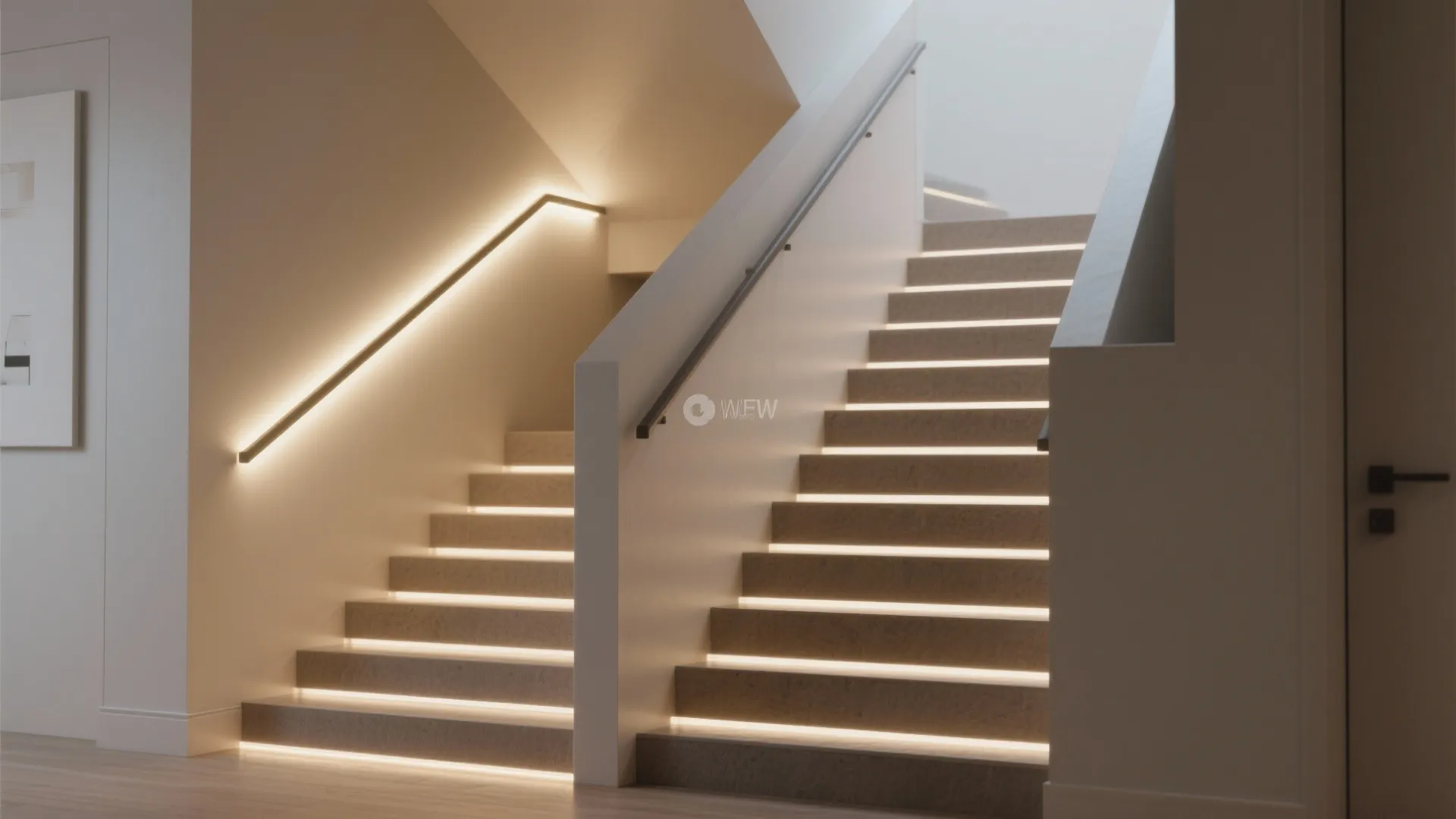 Modern staircase featuring warm hidden light strips under each step and a glowing wall rail