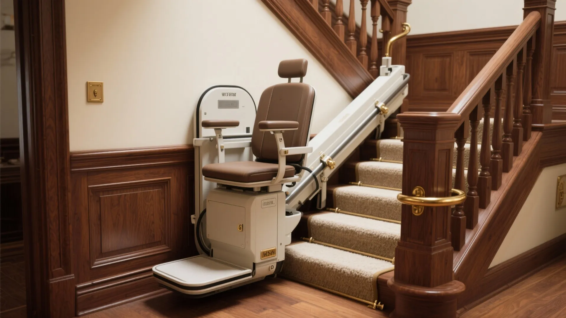 Motorized chair lift installed on a wooden staircase with brown leather seat and metal rail