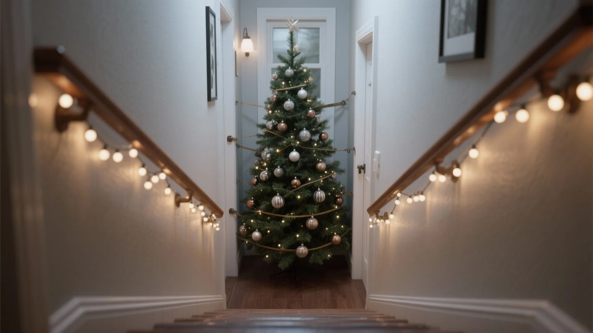 Decorated Christmas tree standing in a hallway between stairs with warm string lights on railings