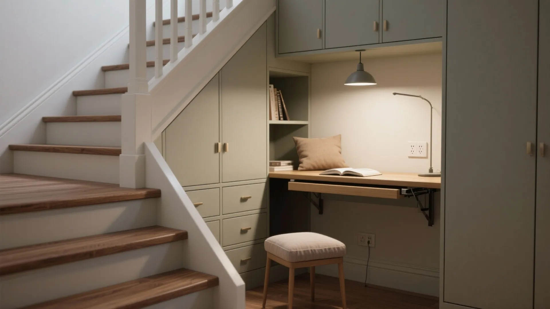 Stair landing reused as a compact workspace with fold-down desk and under-stair storage.