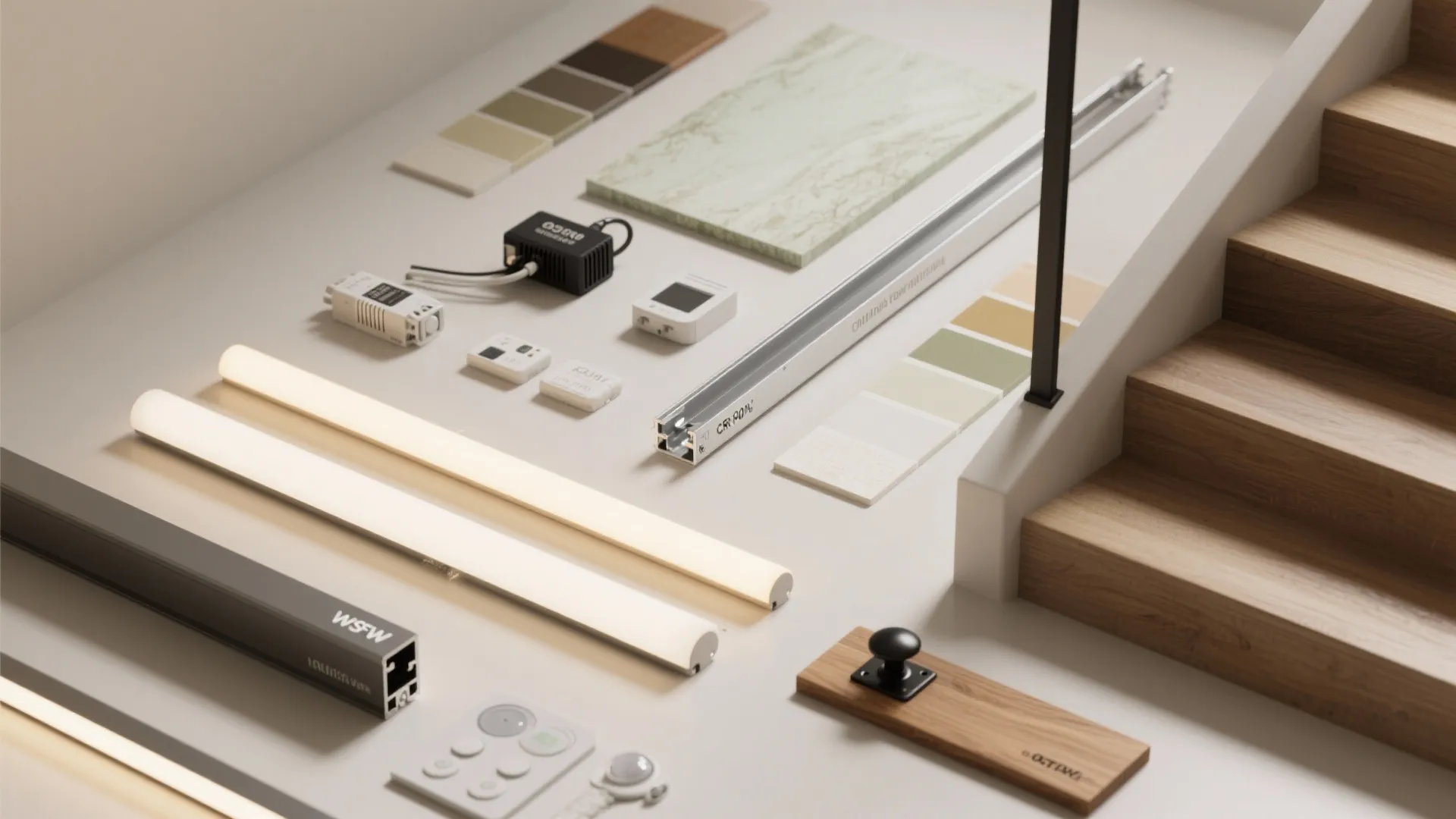 Flat lay of stair lighting materials including LED profiles, diffusers, drivers, sensors, and finish samples.