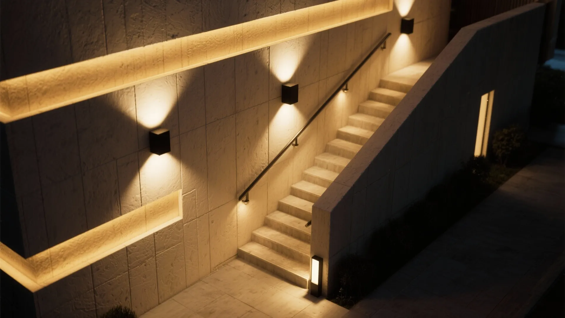 Layered lighting along the stair wall