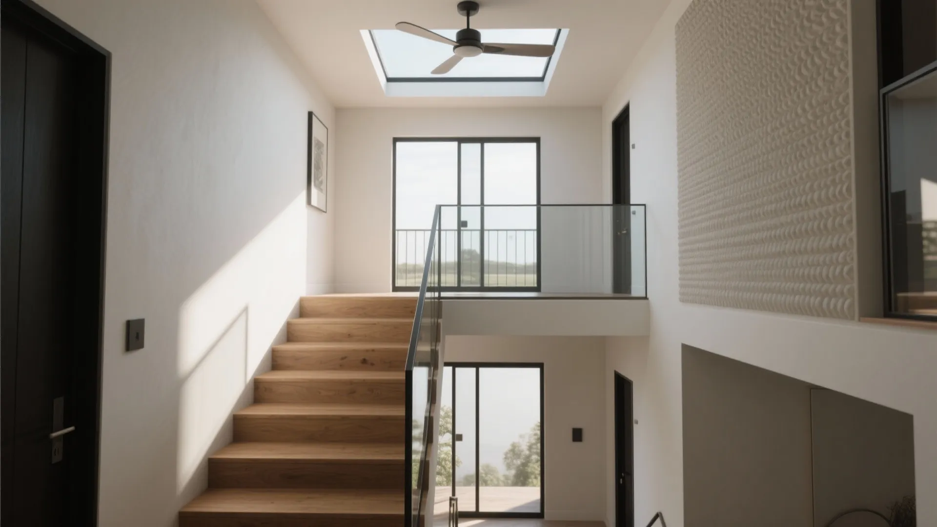 Modern interior with wooden stairs glass railing white walls a ceiling fan and a skylight